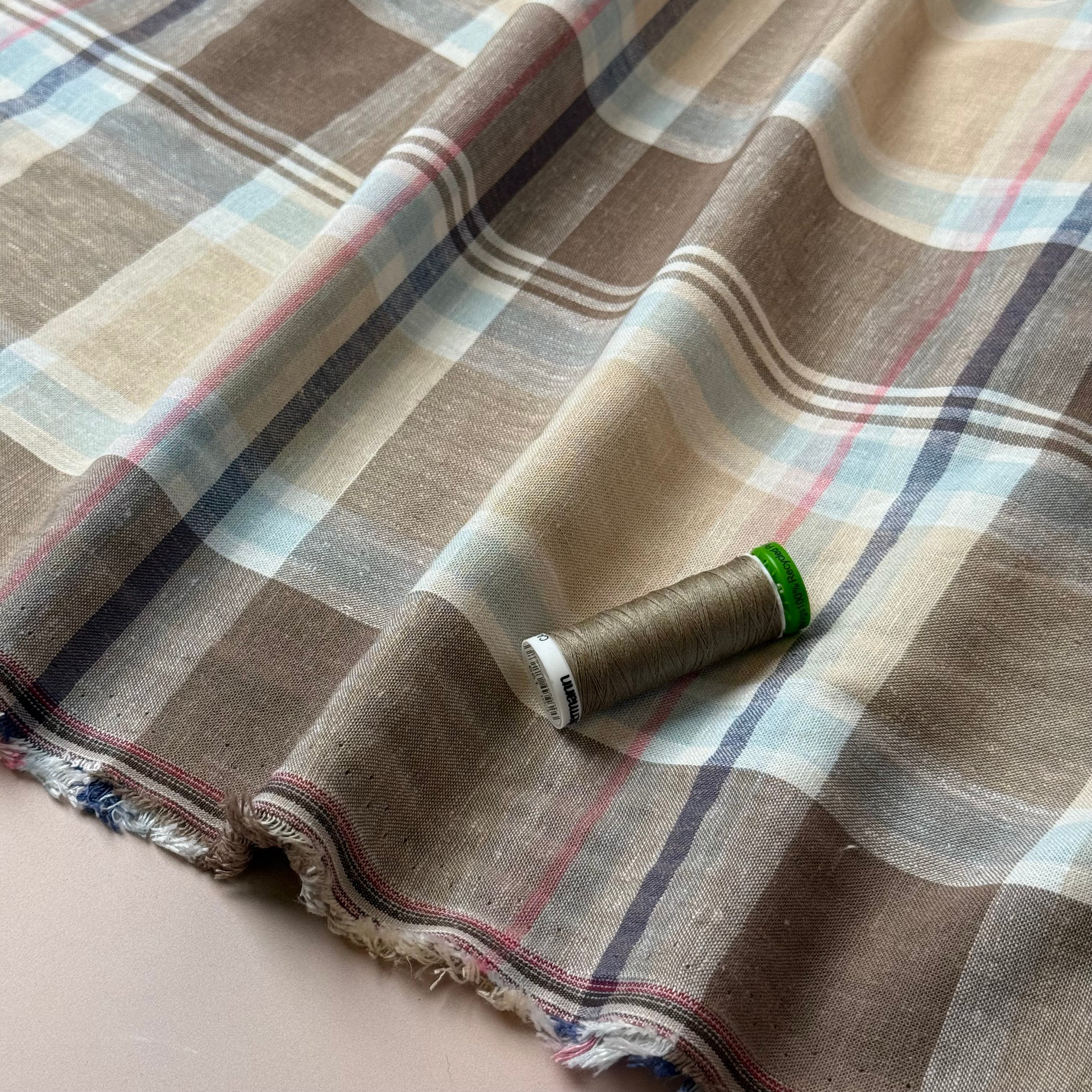 Yarn Dyed Oatmeal Checks Linen Viscose Fabric