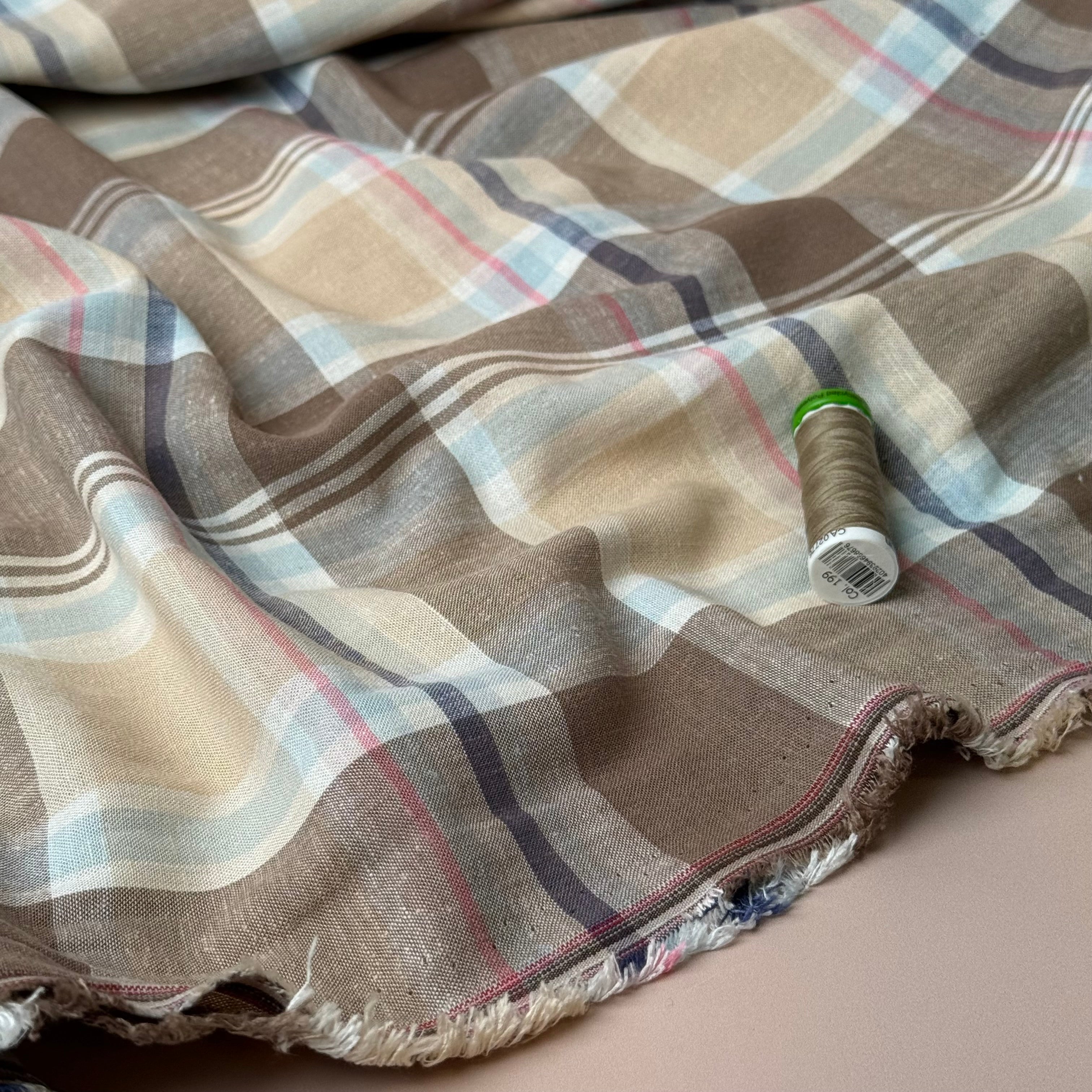 Yarn Dyed Oatmeal Checks Linen Viscose Fabric