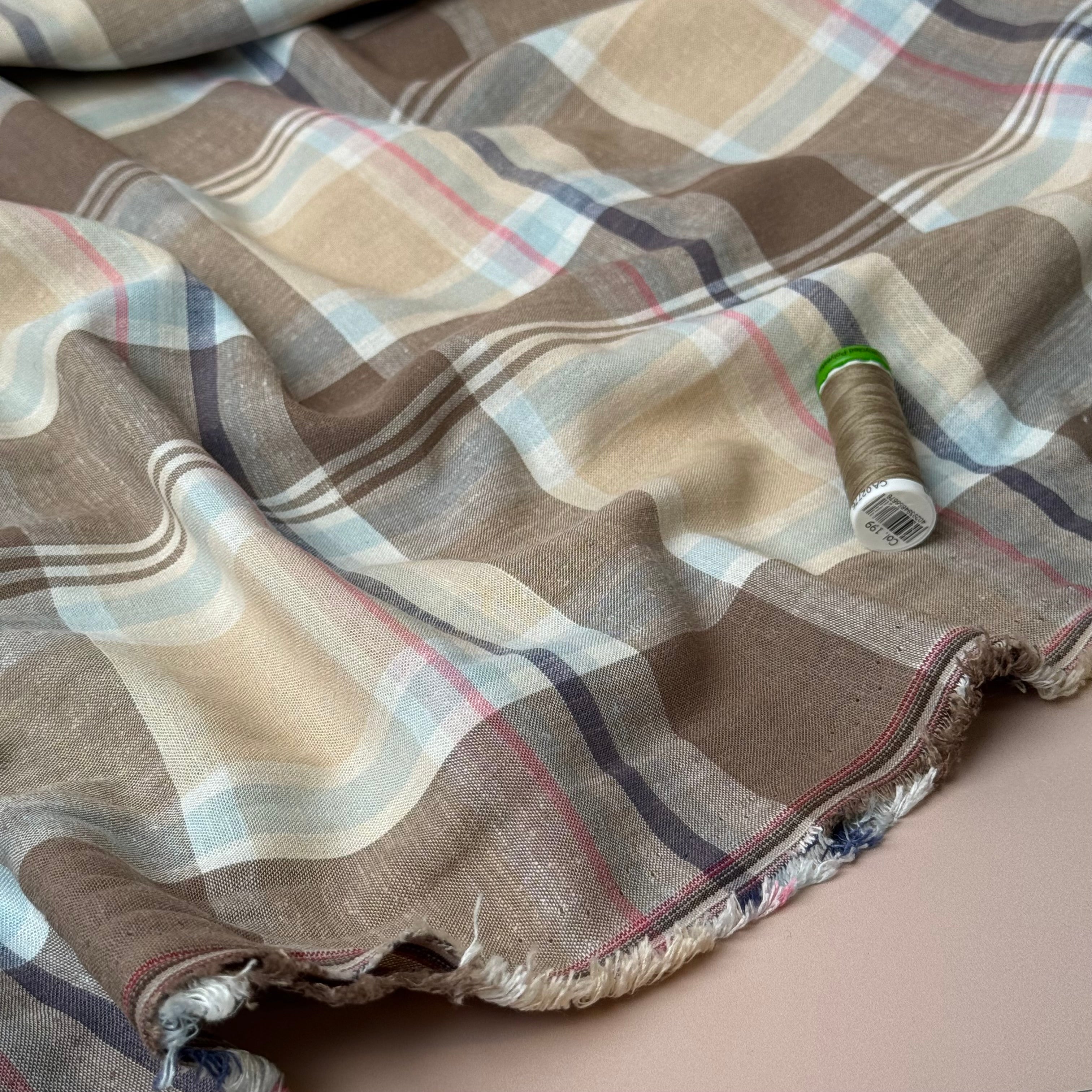 Yarn Dyed Oatmeal Checks Linen Viscose Fabric