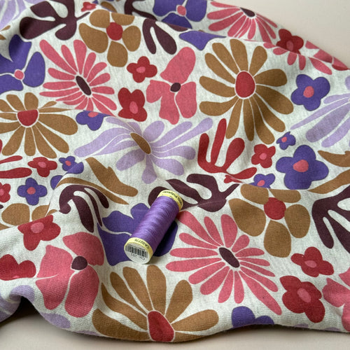 Flowers on Melange Sand Cotton Sweat-shirting Fabric