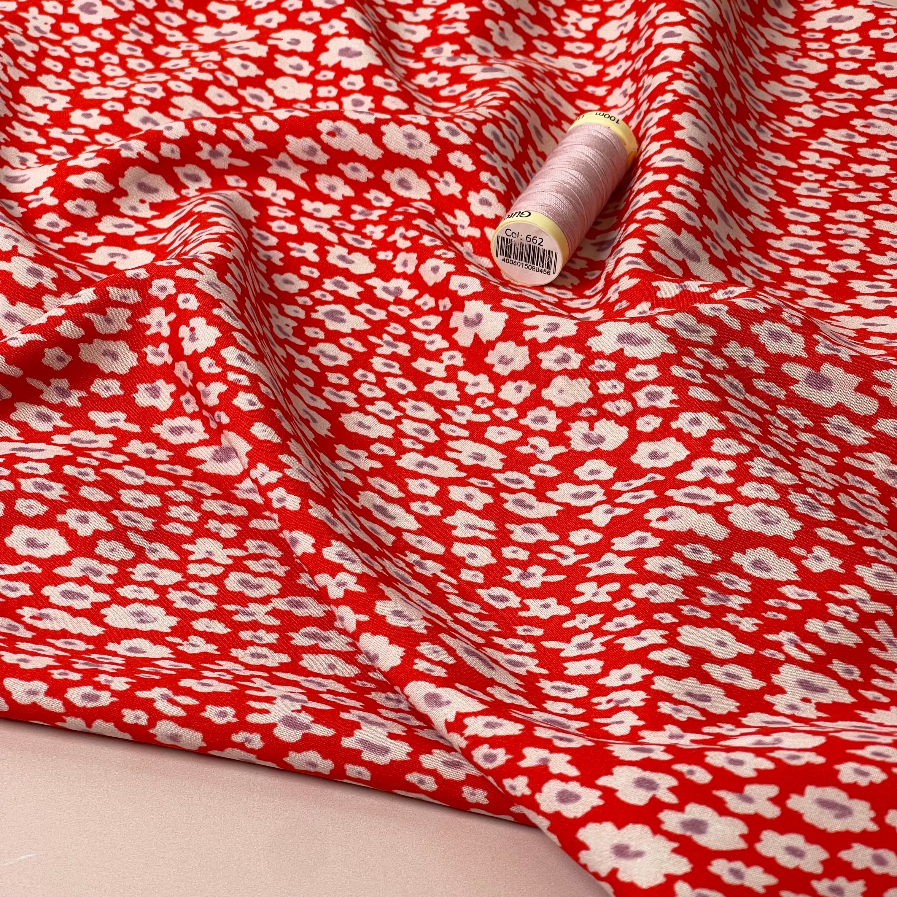 Daisies on Red Viscose Fabric