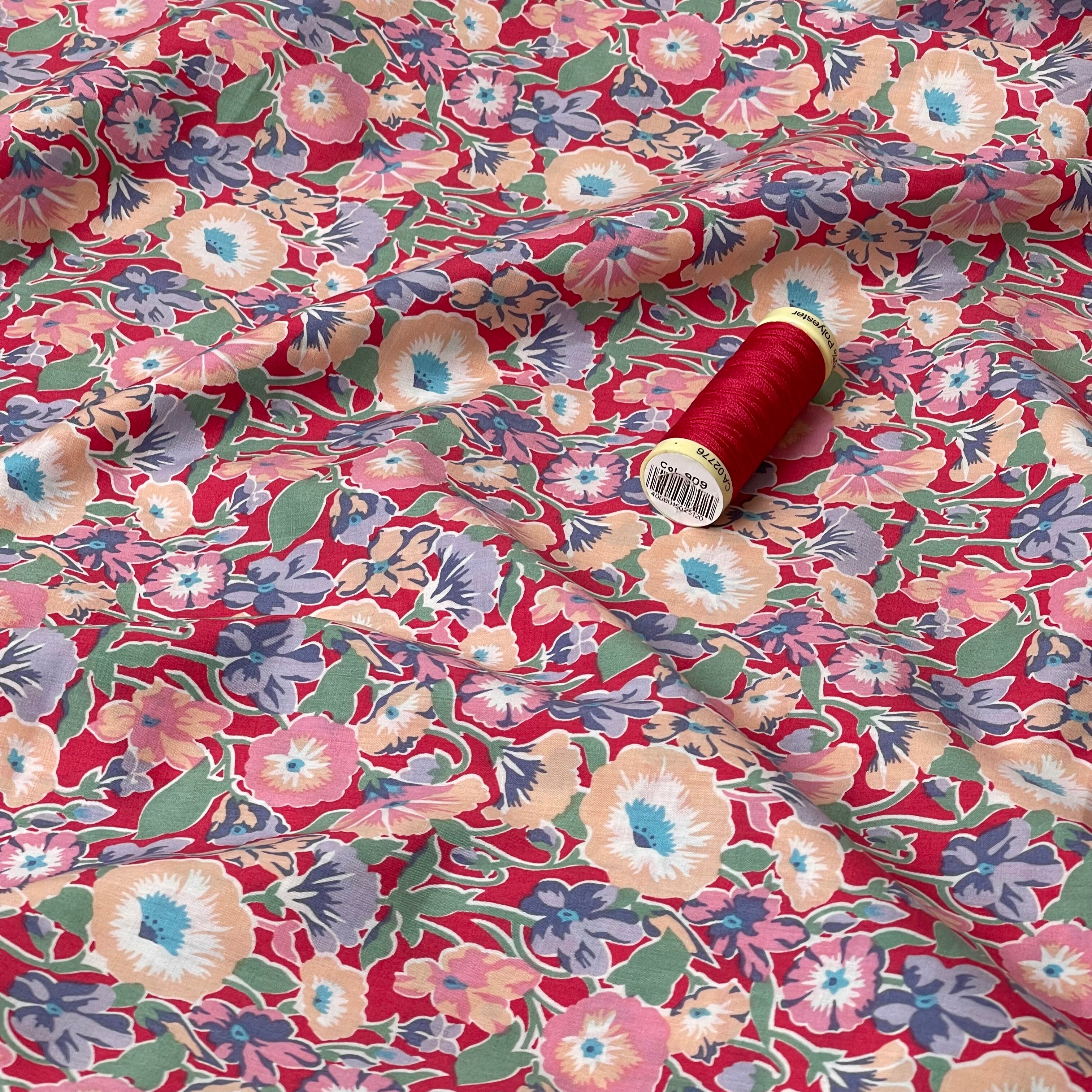 Red Floral Cotton Lawn Fabric