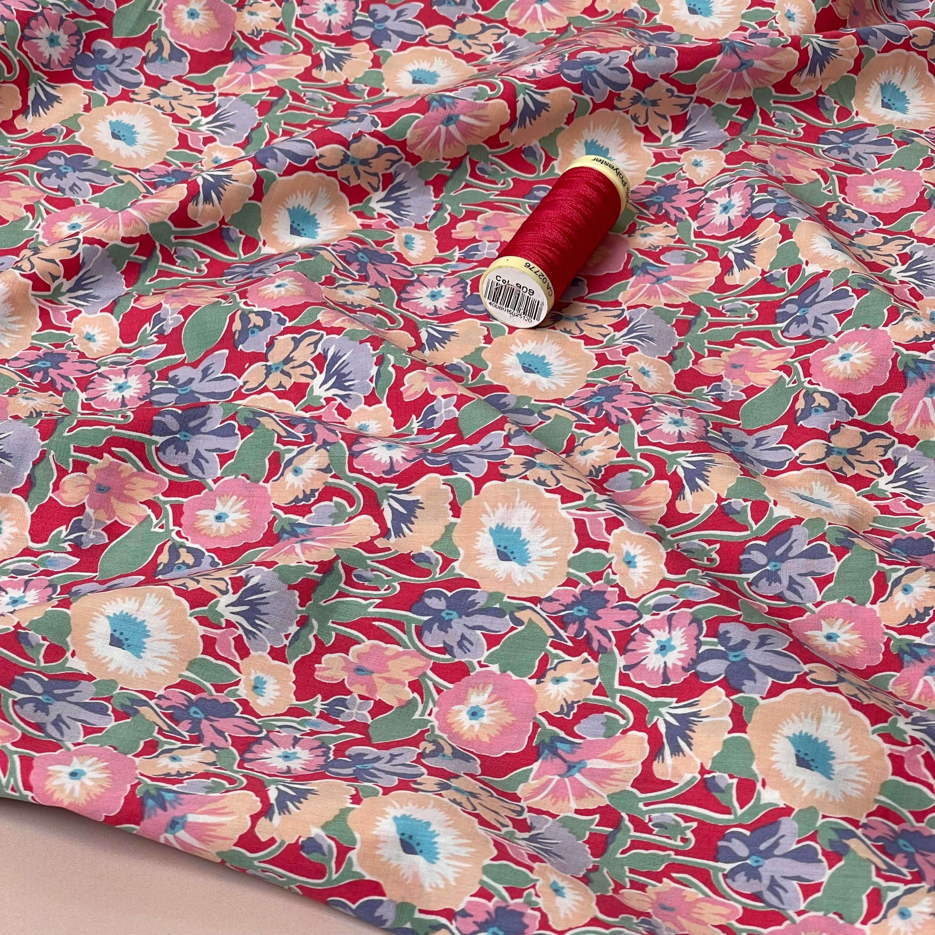 Red Floral Cotton Lawn Fabric