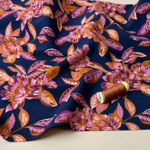 Autumn Flowers Navy Viscose Poplin With Little Stretch