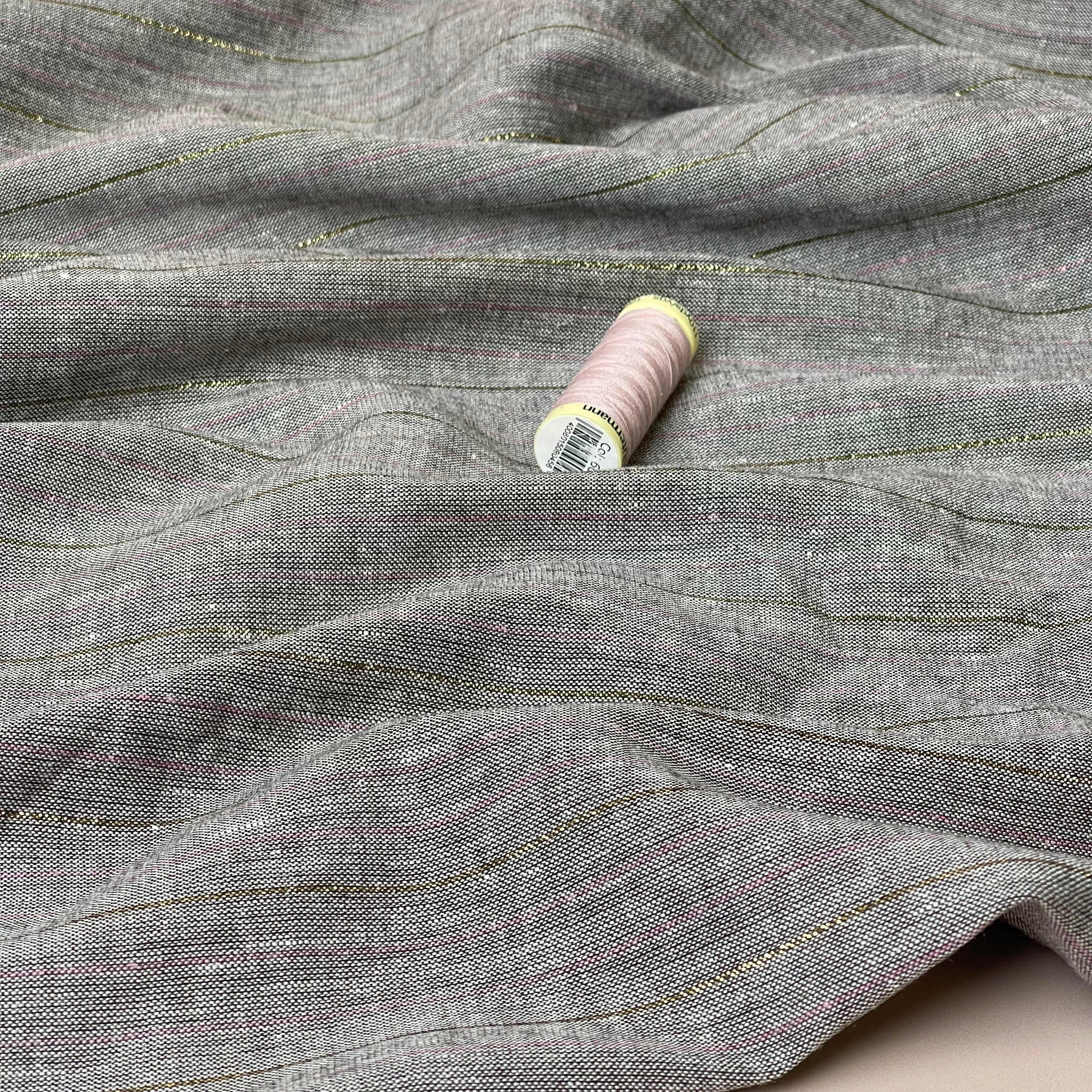 Deadstock Brown Stripe Linen Viscose Fabric with Lurex