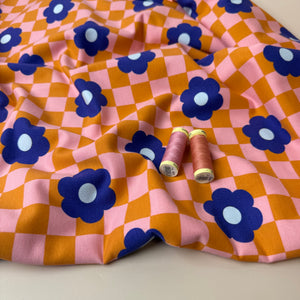 Gingham Flowers Orange Soft Cotton Sweat-shirting Fabric