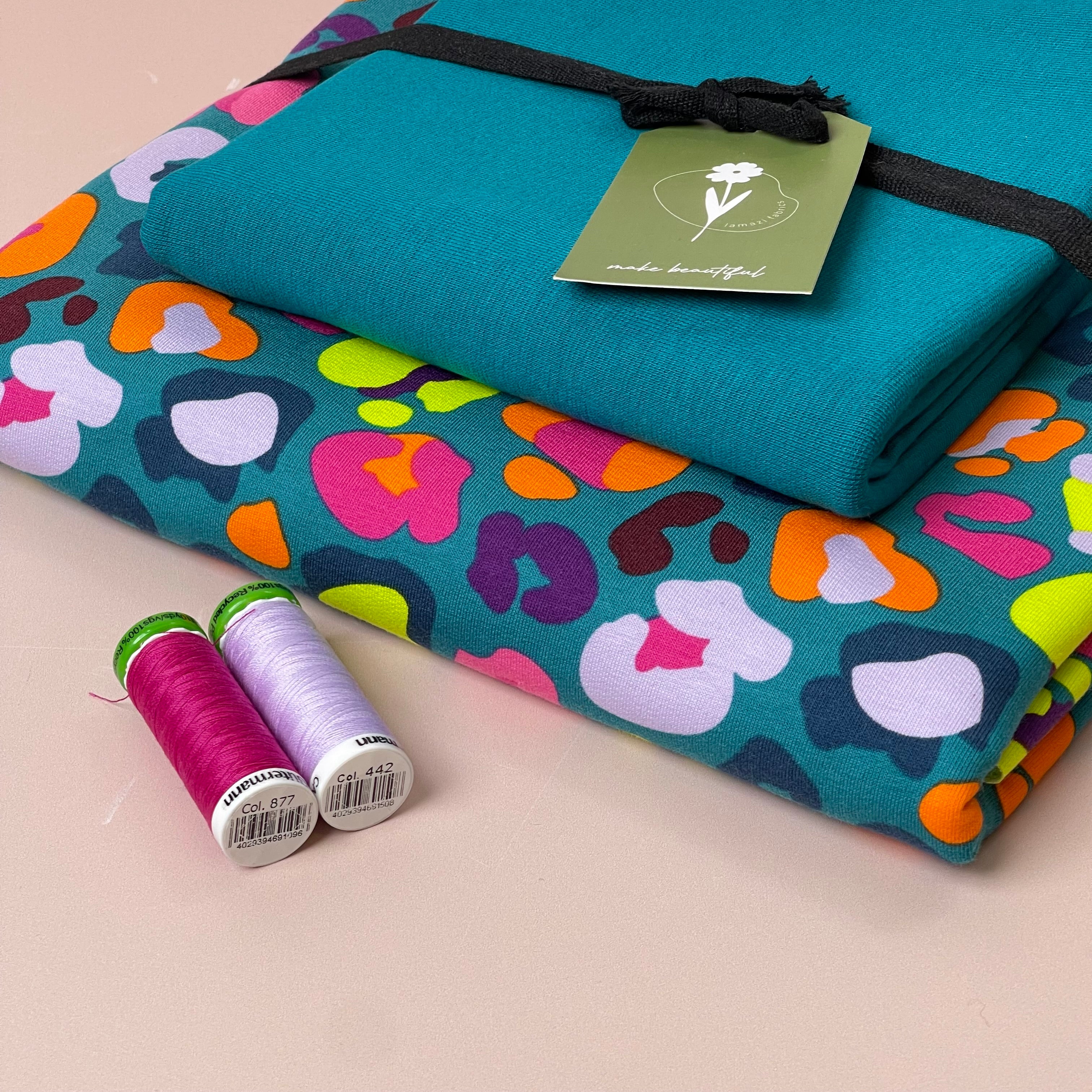Colour Bundles - Rainbow Leopard Teal Cotton French Terry & Ribbing
