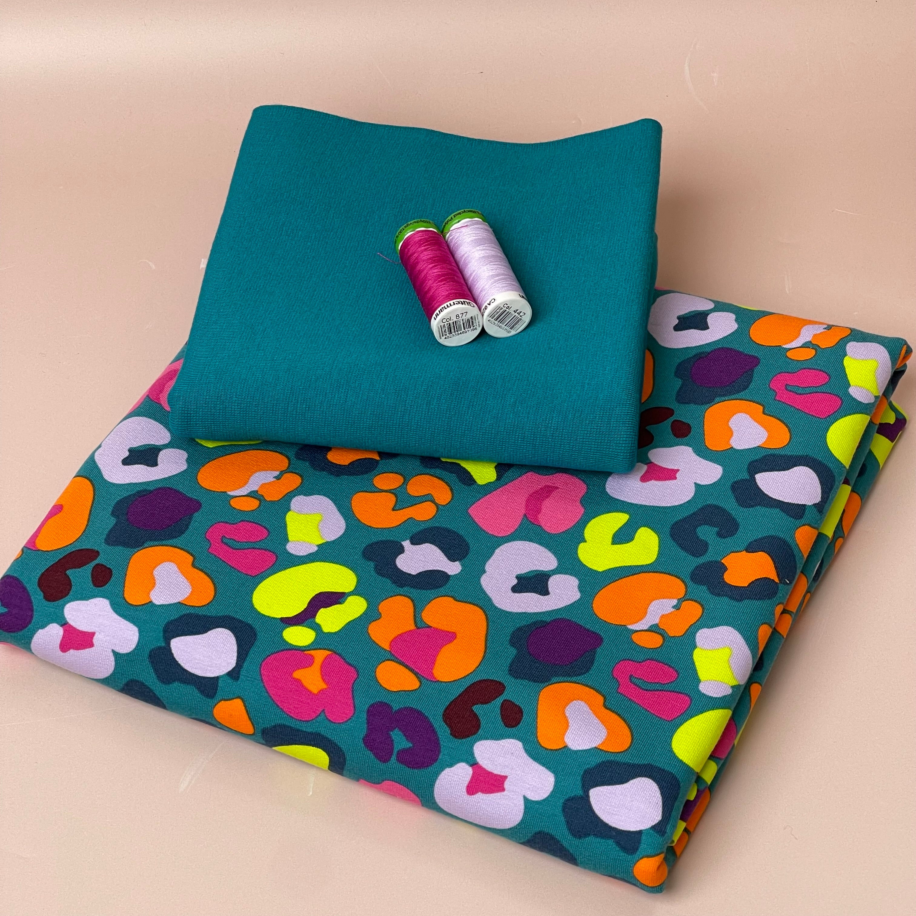 Colour Bundles - Rainbow Leopard Teal Cotton French Terry & Ribbing