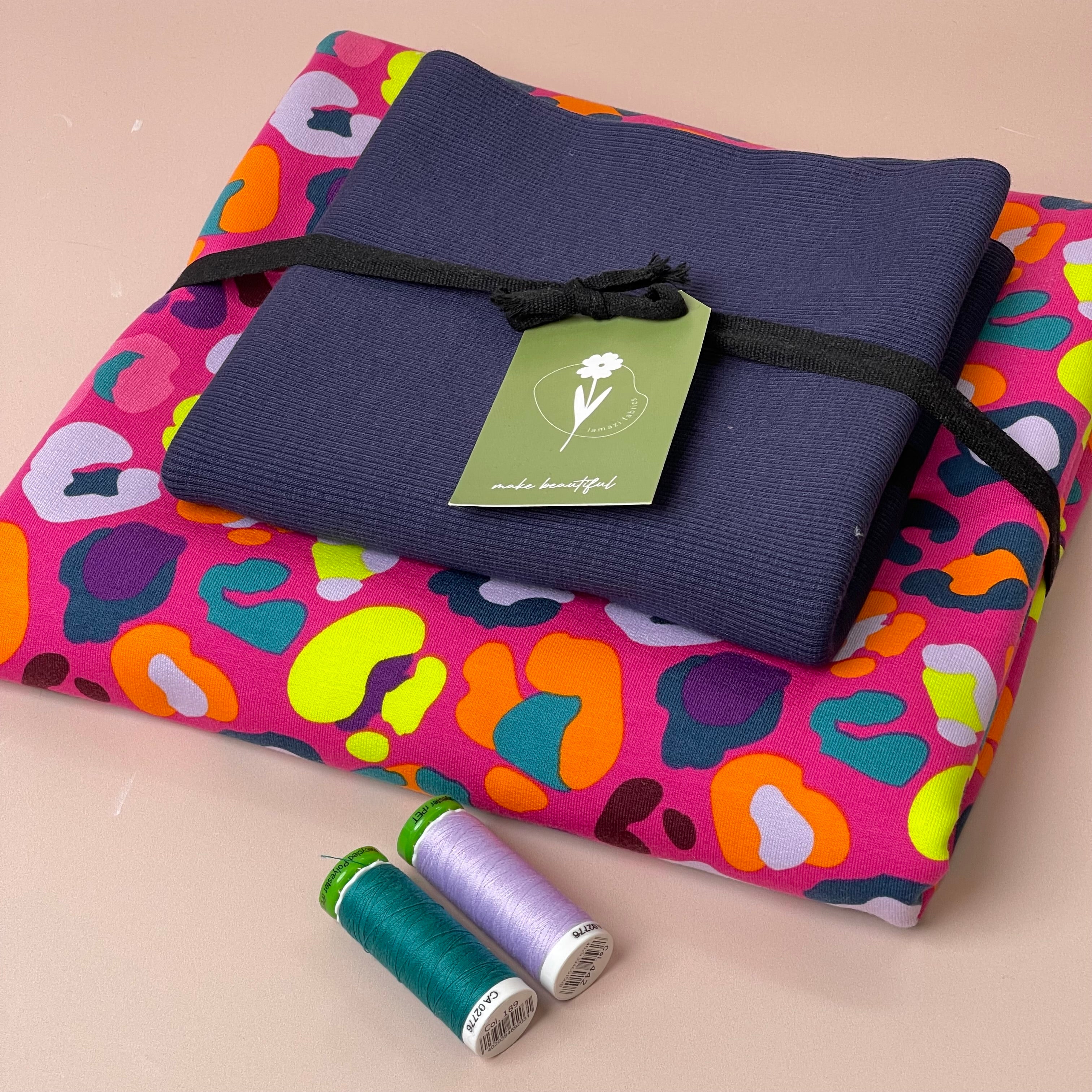 Colour Bundles - Rainbow Leopard Fuchsia Cotton French Terry & Ribbing