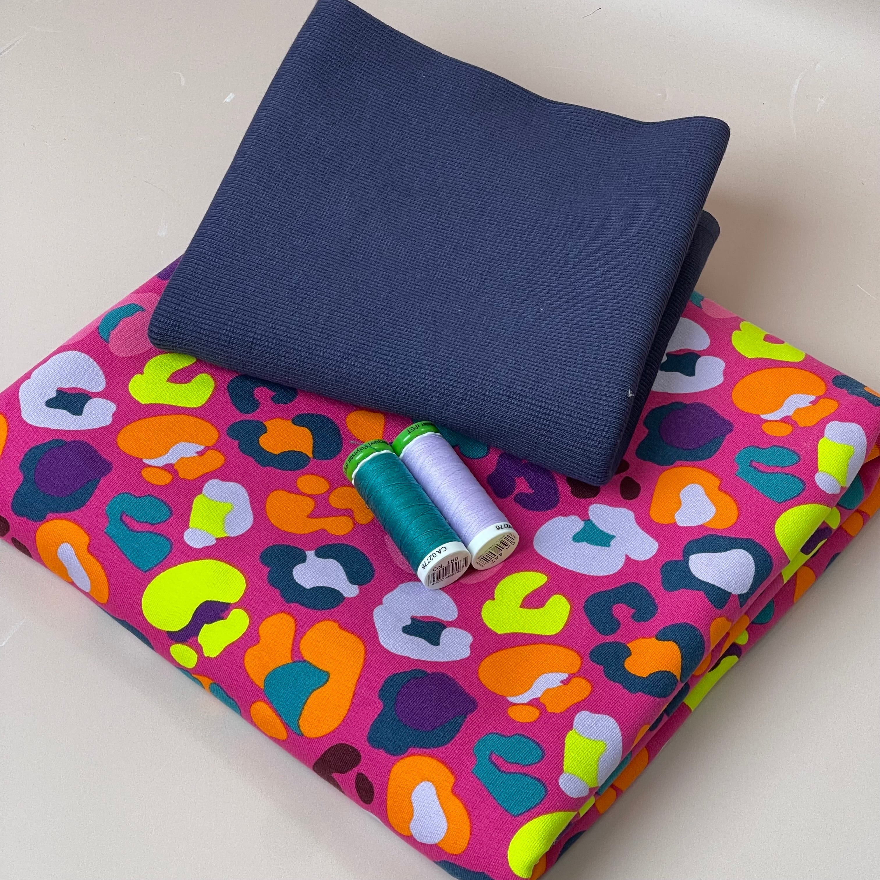 Colour Bundles - Rainbow Leopard Fuchsia Cotton French Terry & Ribbing