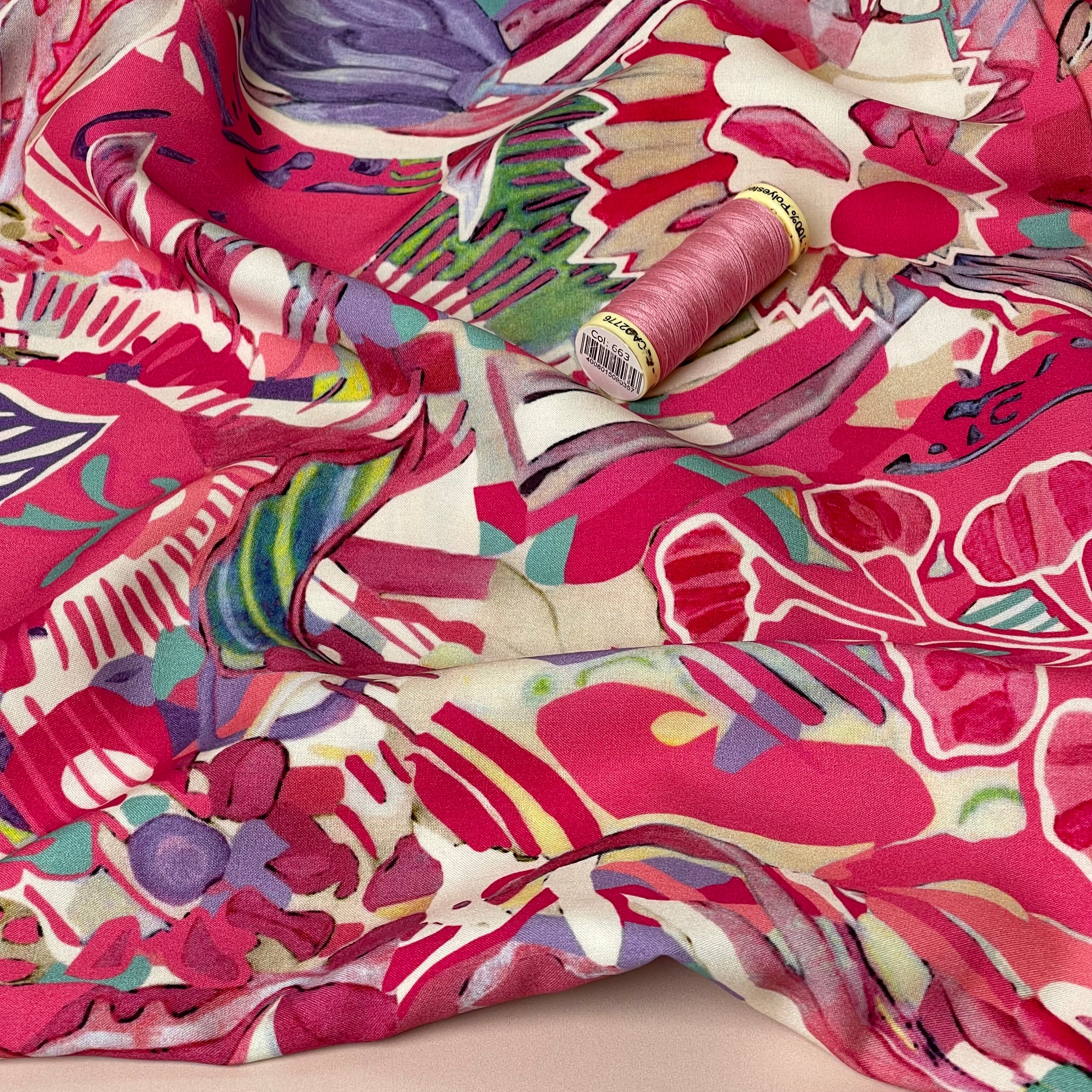 REMNANT 0.95 Metre - Abstract Pink Florals Viscose Fabric