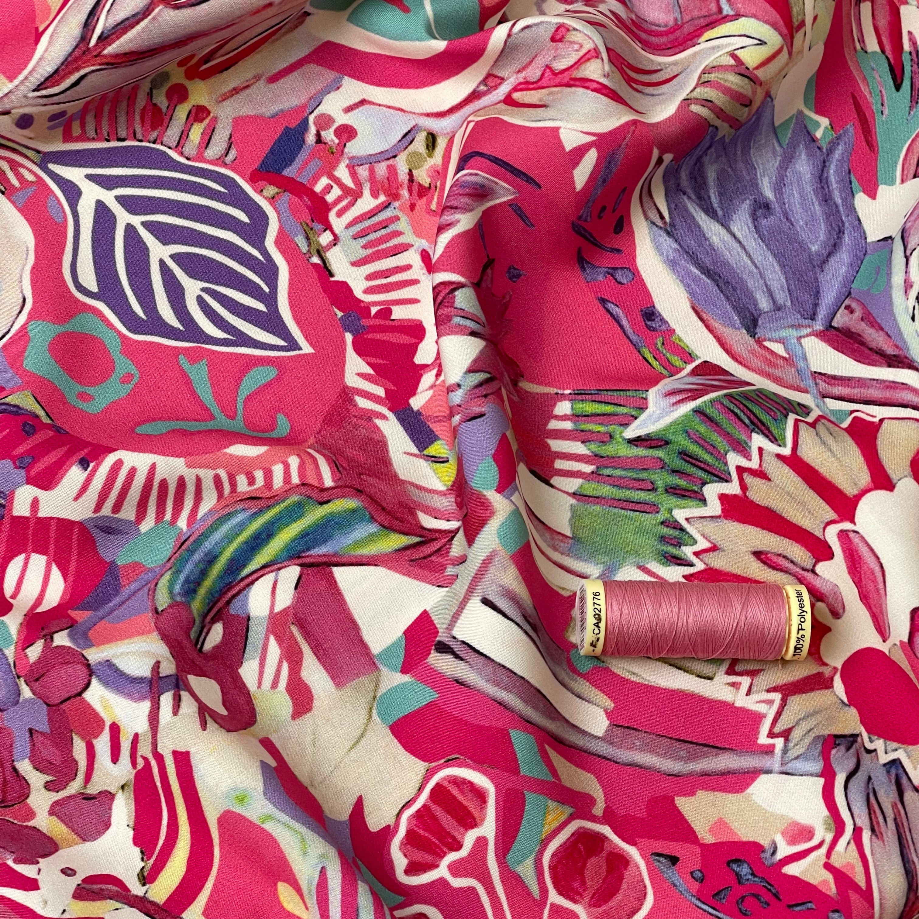 REMNANT 0.95 Metre - Abstract Pink Florals Viscose Fabric
