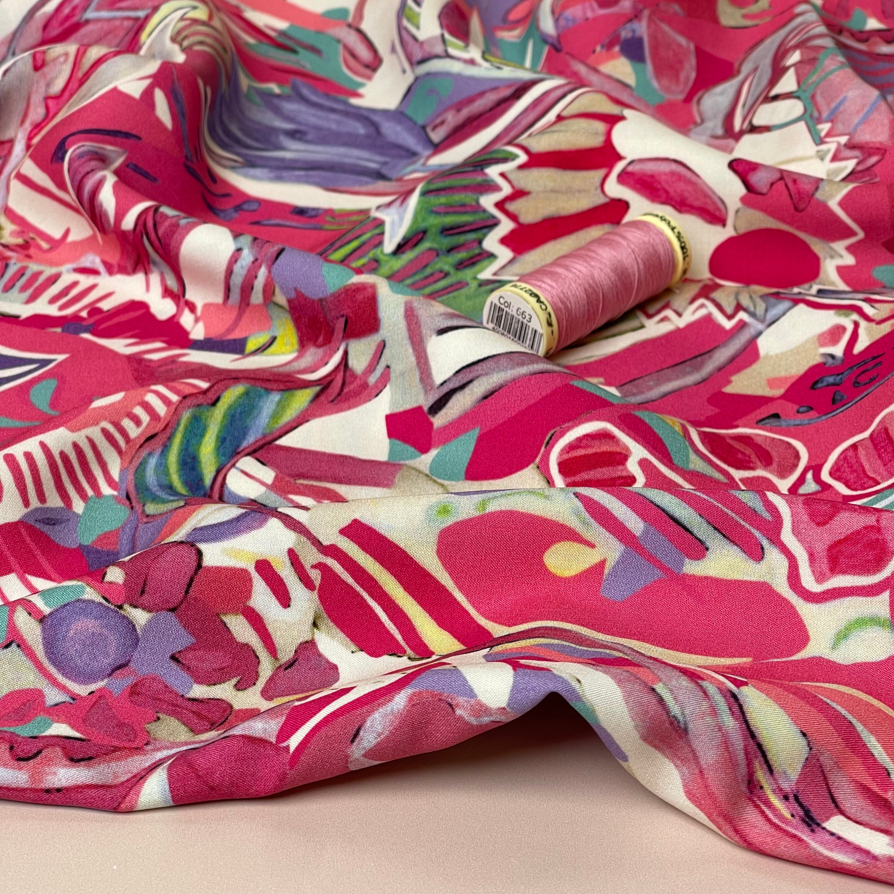 REMNANT 0.95 Metre - Abstract Pink Florals Viscose Fabric