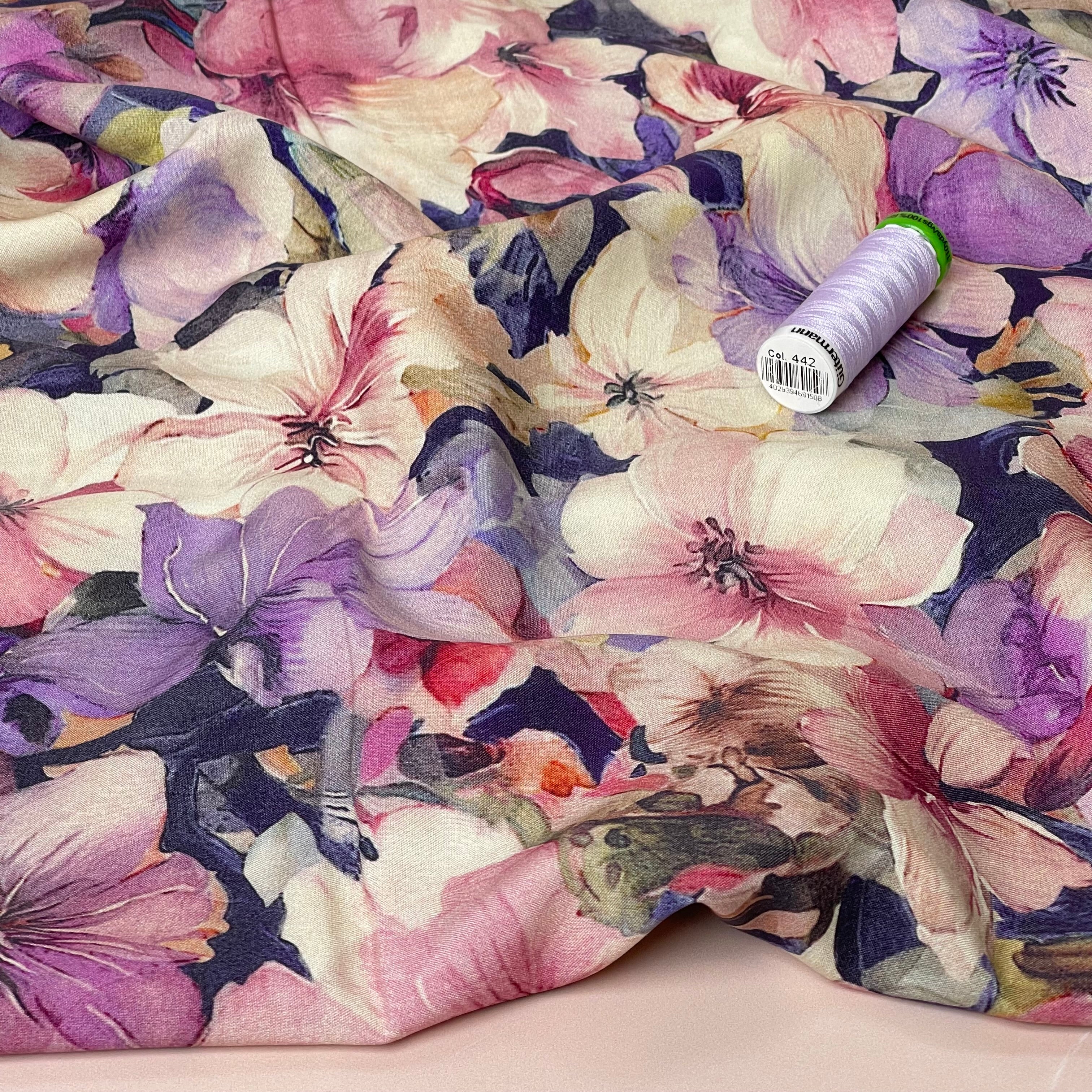 REMNANT 1.76 Metres - Painted Florals Pink Viscose Fabric