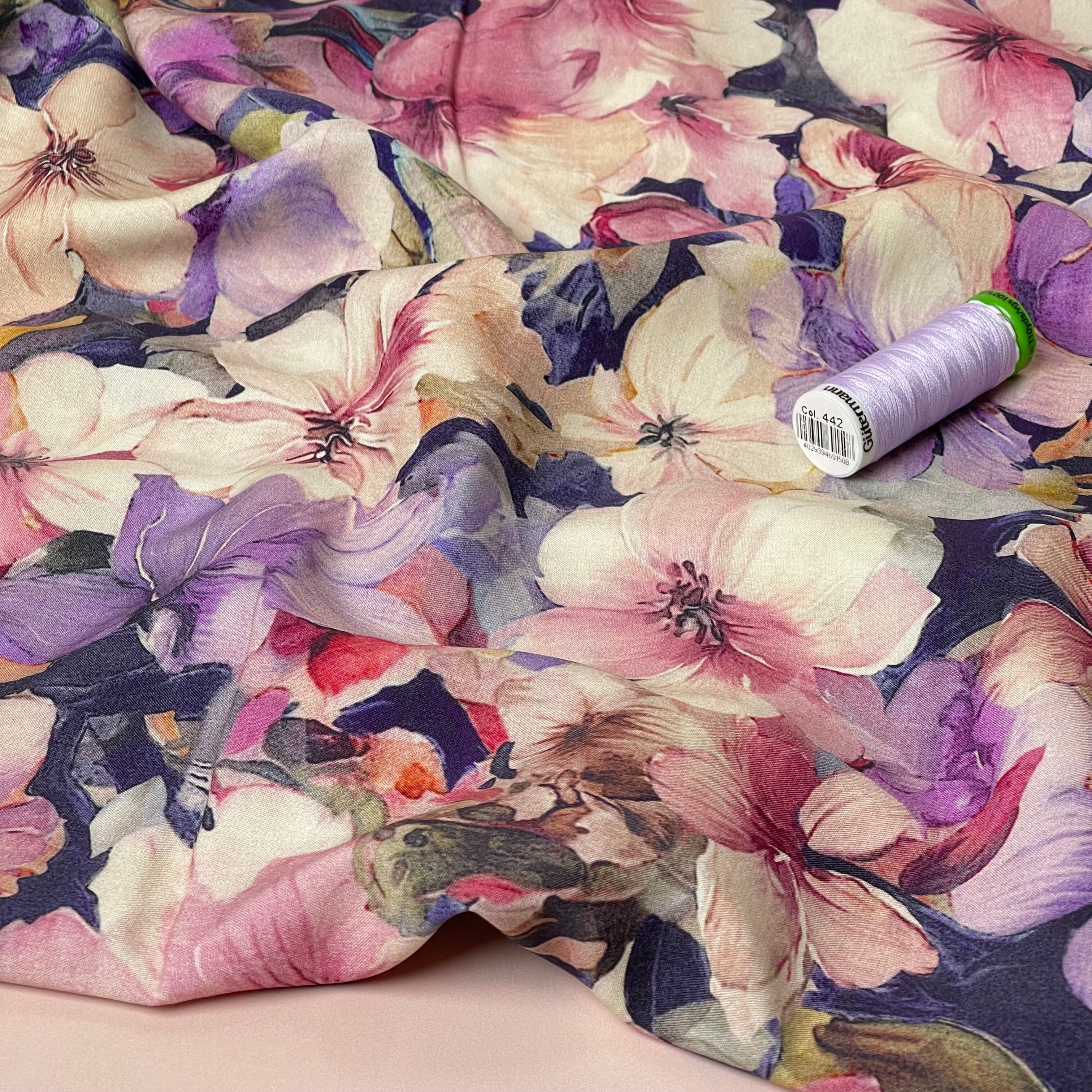 REMNANT 1.76 Metres - Painted Florals Pink Viscose Fabric
