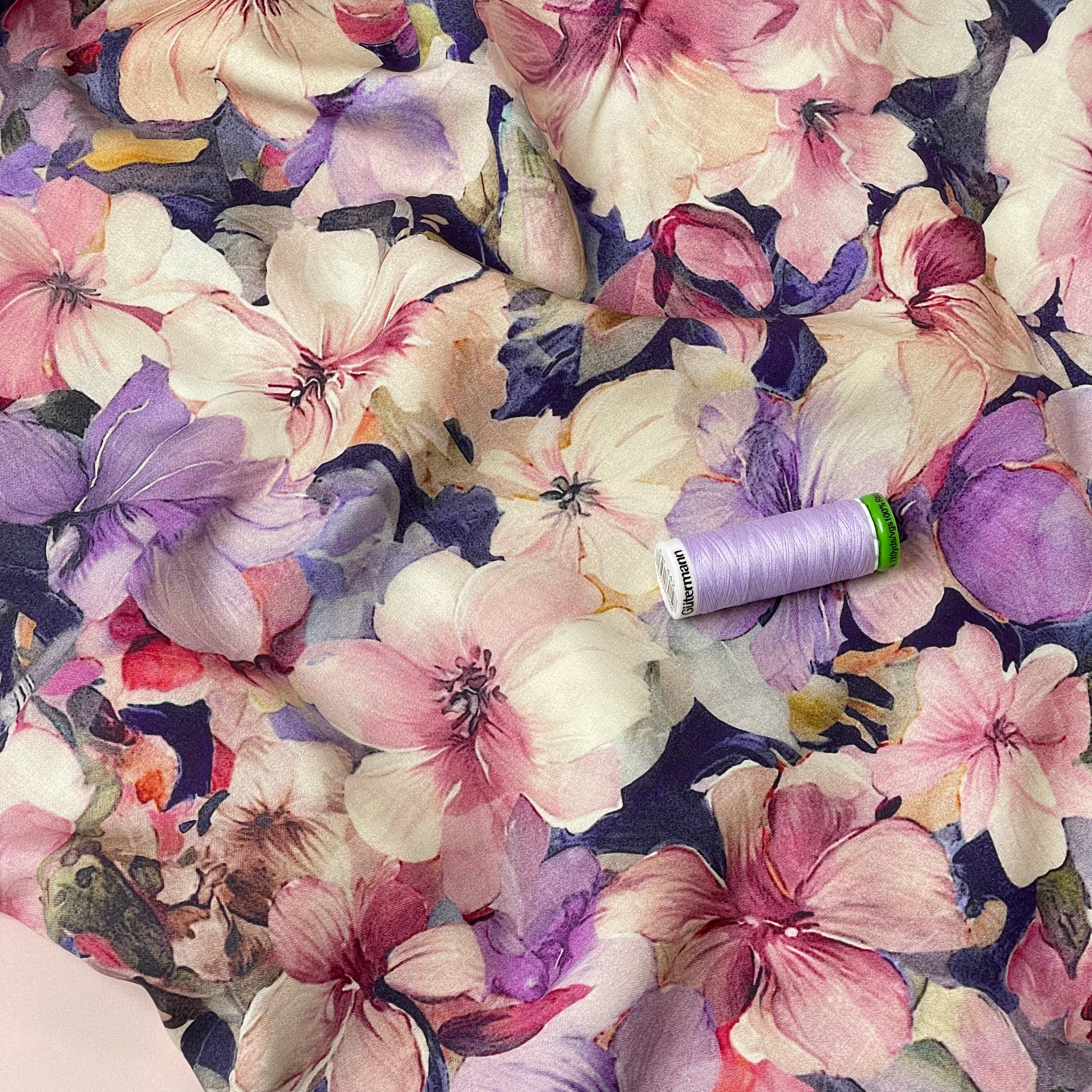 REMNANT 1.76 Metres - Painted Florals Pink Viscose Fabric