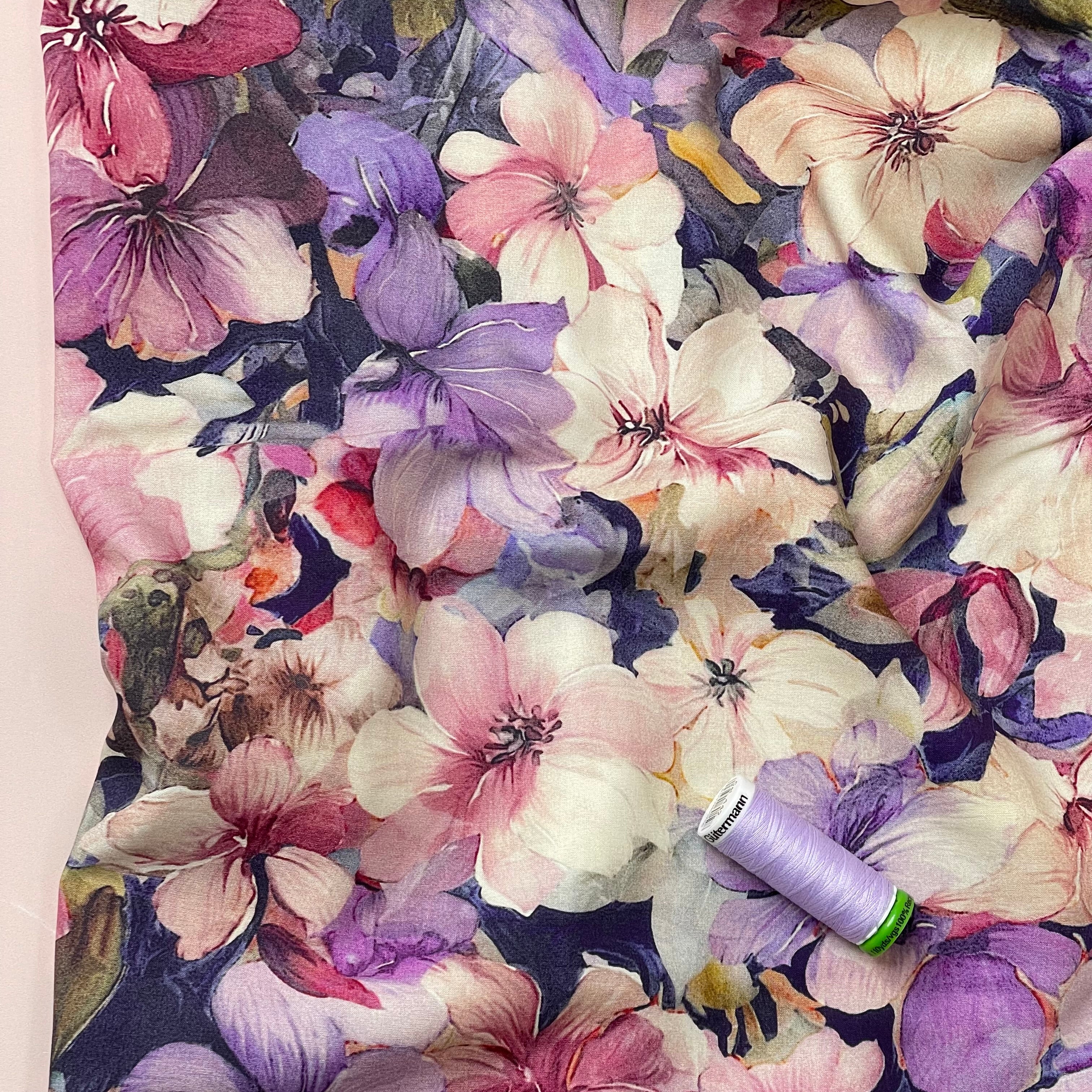 REMNANT 1.76 Metres - Painted Florals Pink Viscose Fabric