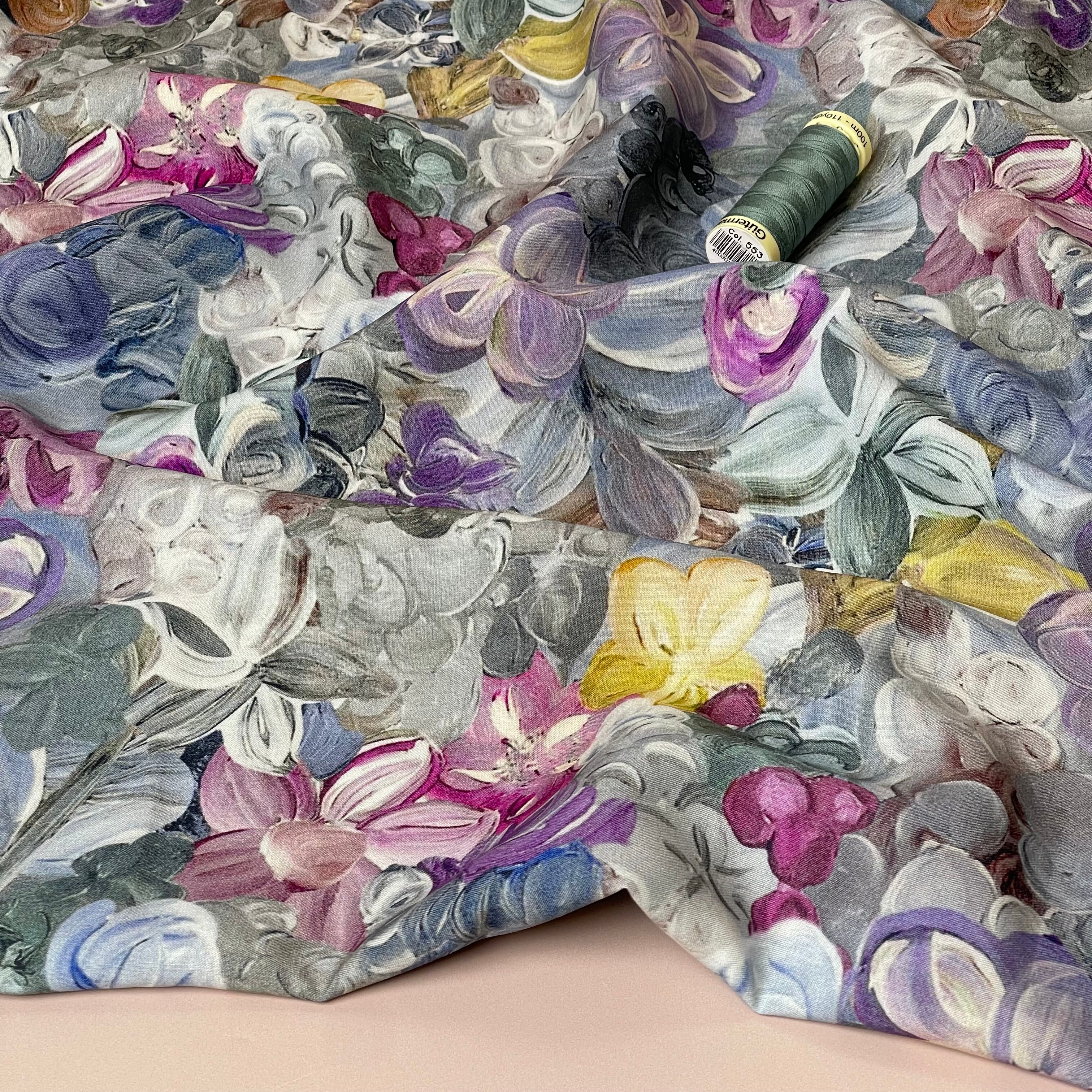 Painted Florals Lilac Viscose Fabric
