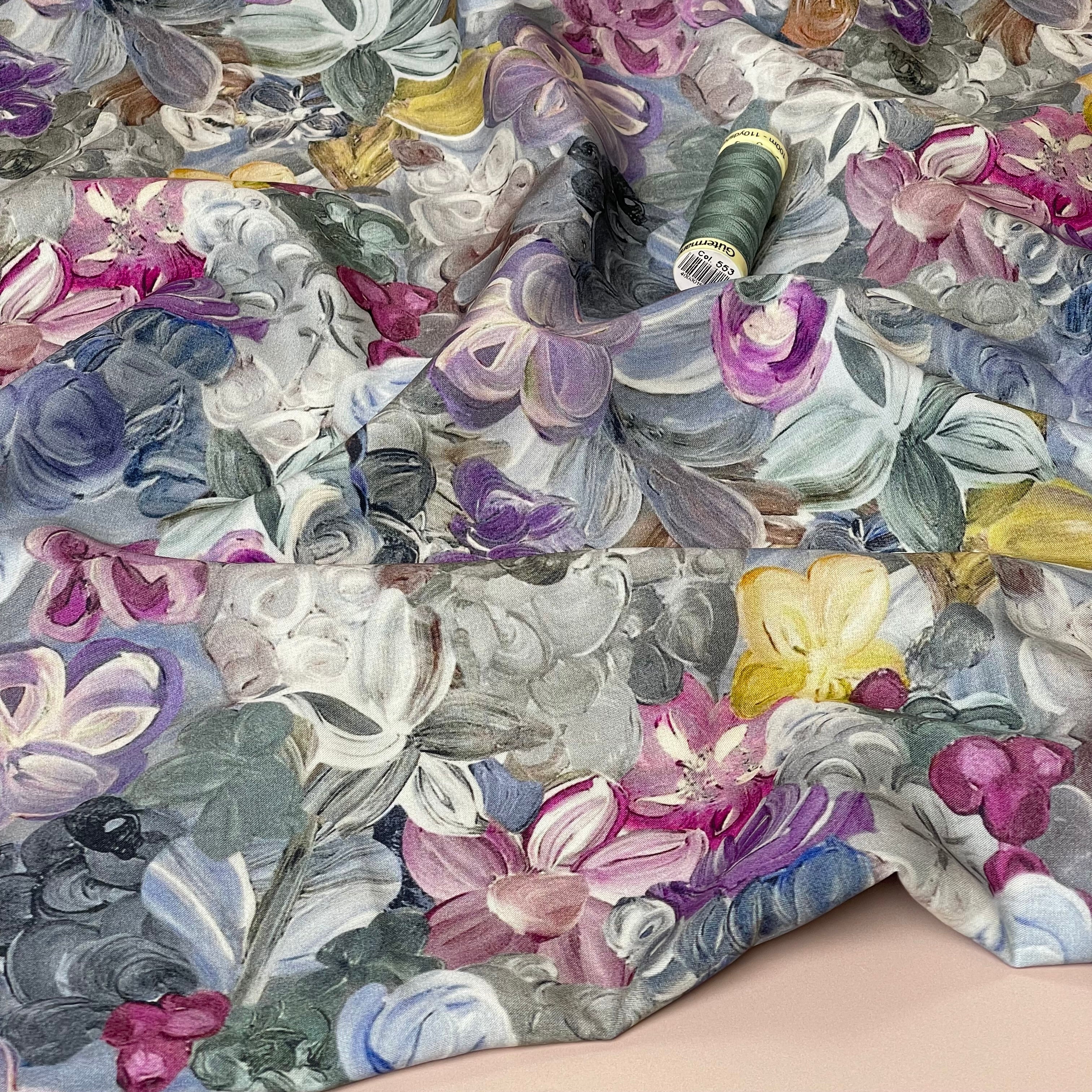 Painted Florals Lilac Viscose Fabric