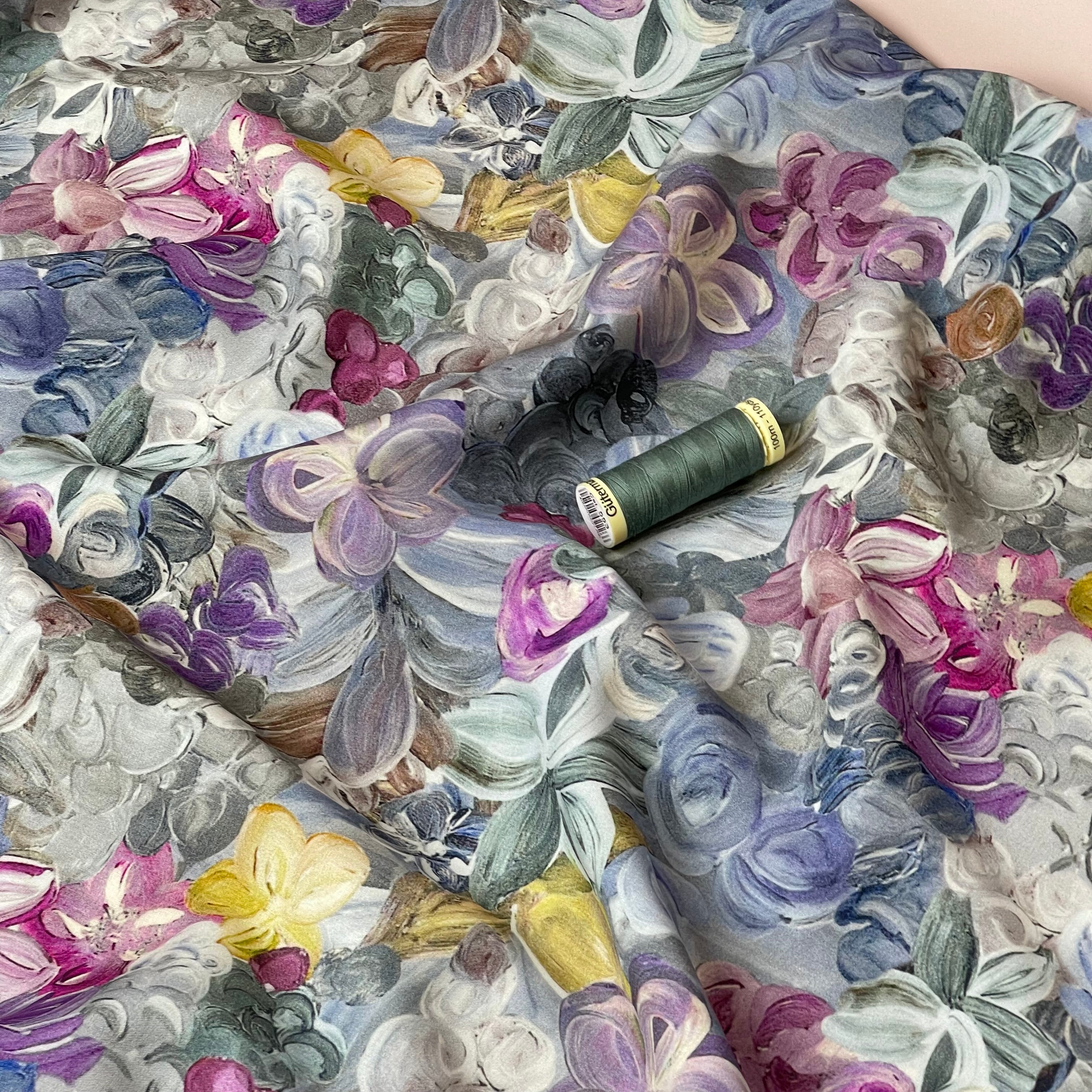 Painted Florals Lilac Viscose Fabric