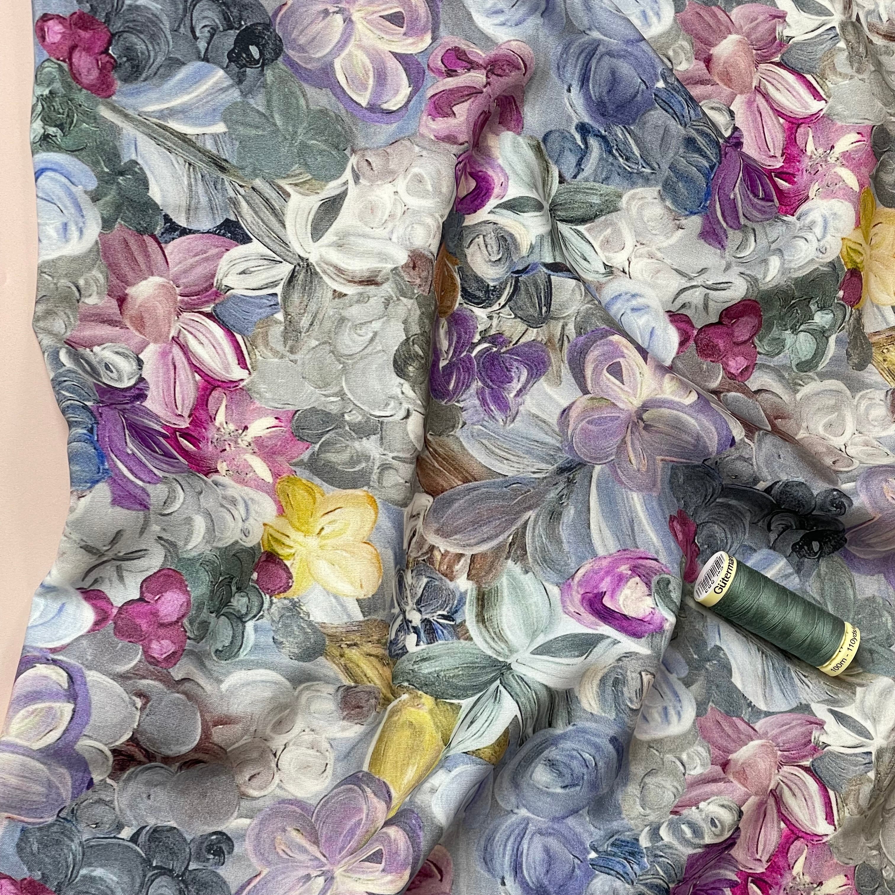 Painted Florals Lilac Viscose Fabric