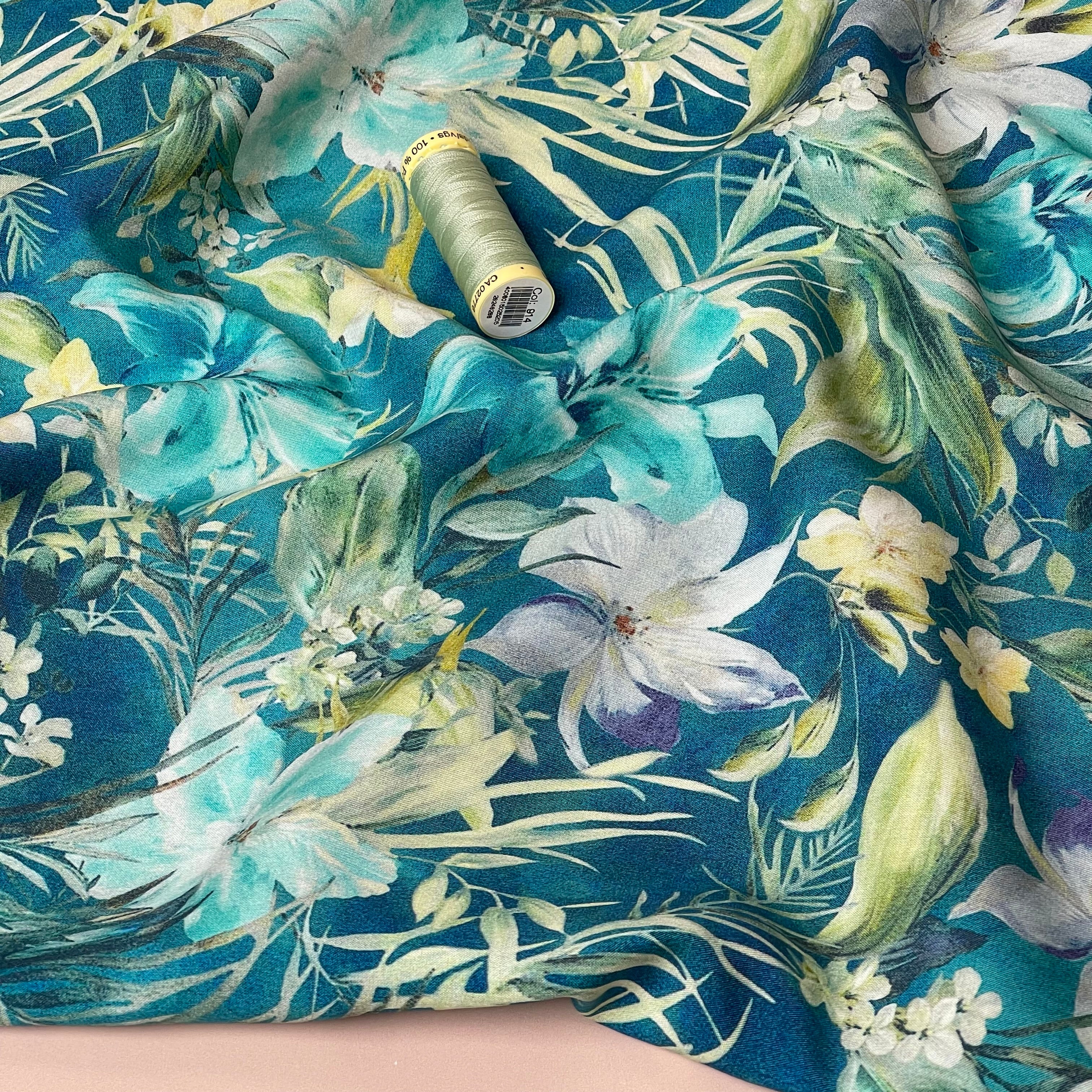 Turquoise Tropical Florals Viscose Fabric