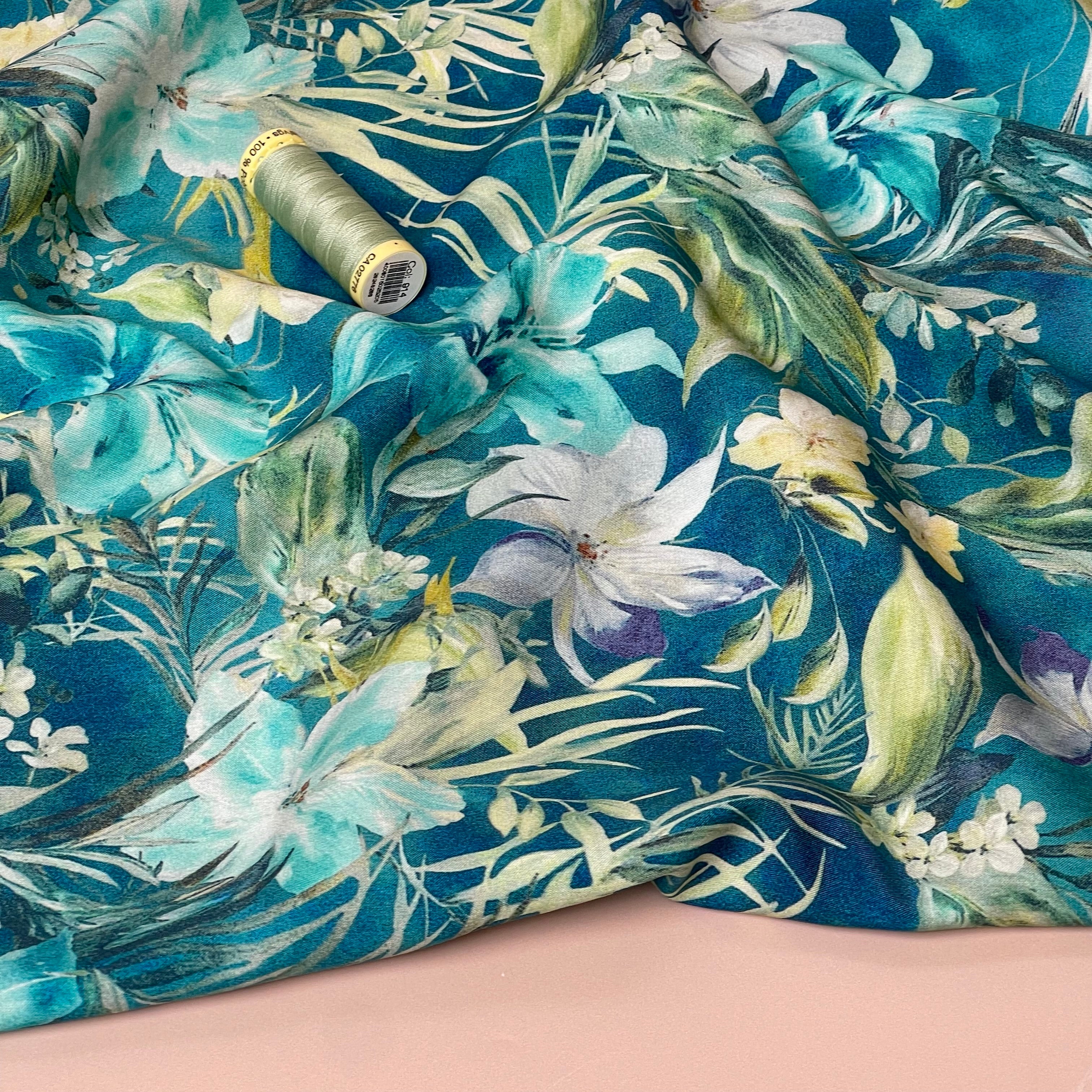 Turquoise Tropical Florals Viscose Fabric