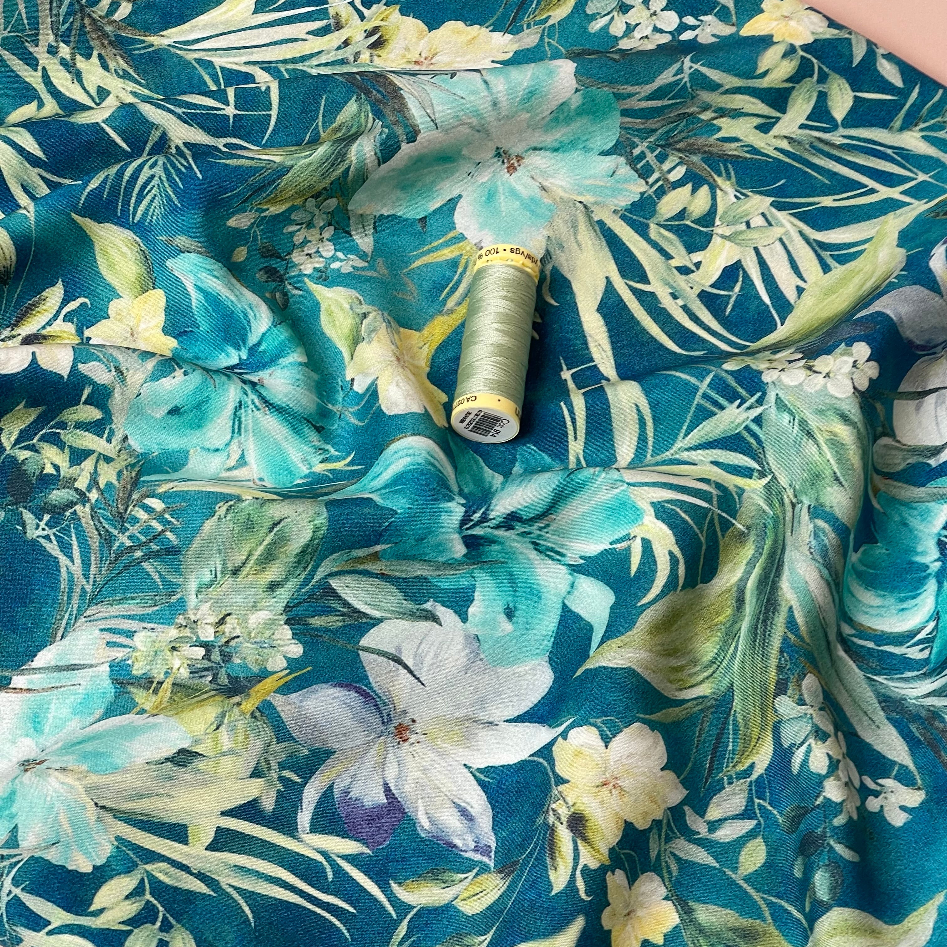 Turquoise Tropical Florals Viscose Fabric