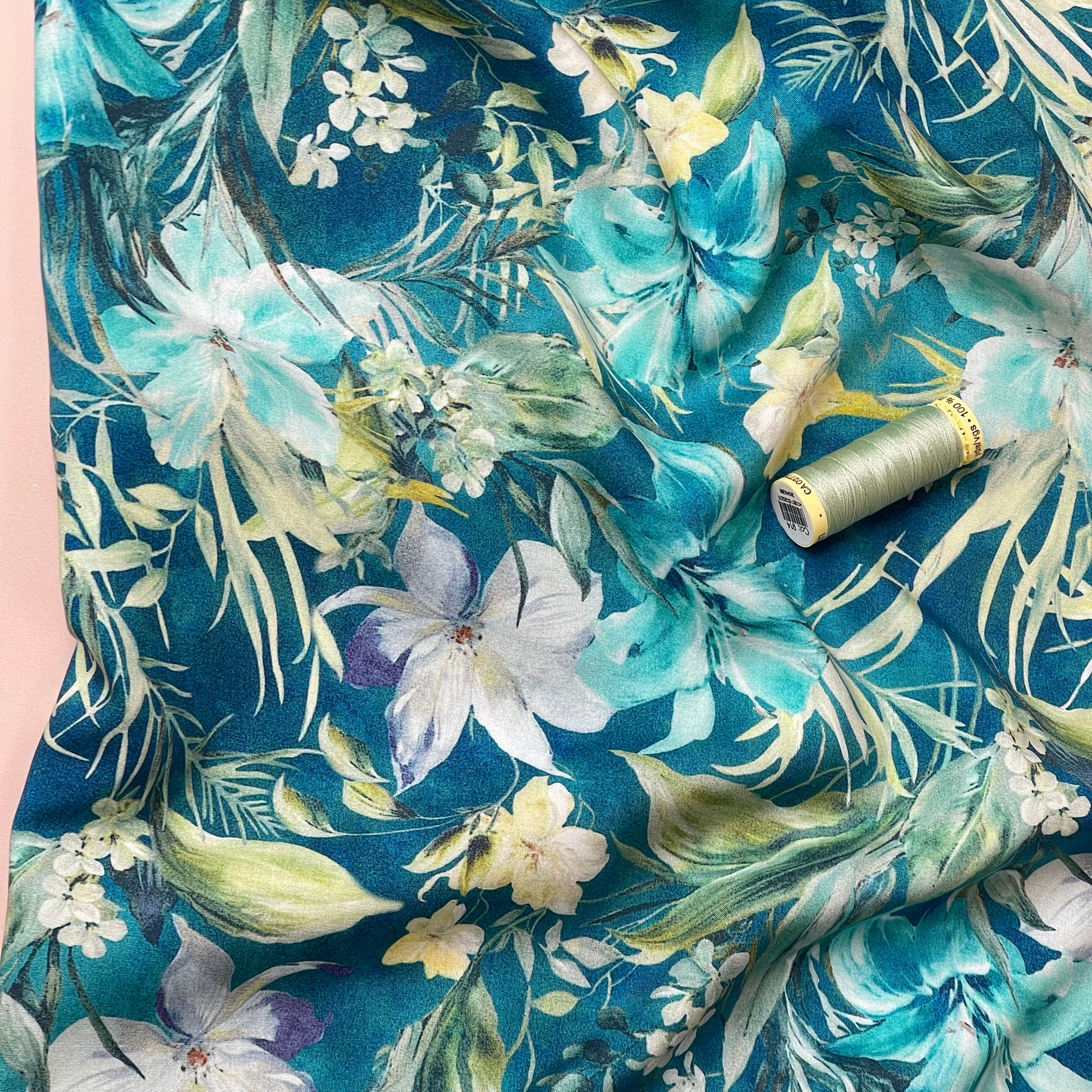 Turquoise Tropical Florals Viscose Fabric