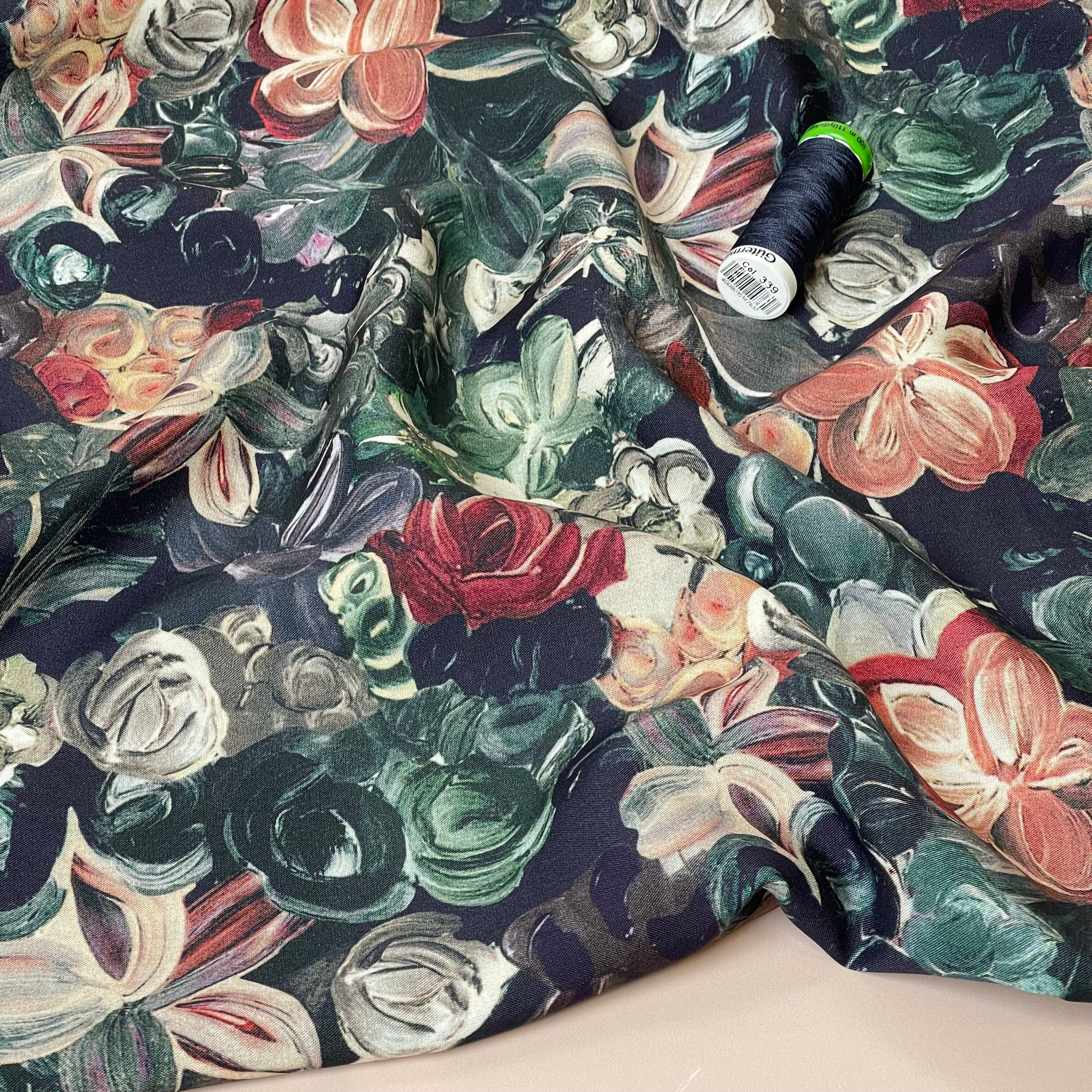 Painted Florals Green Viscose Fabric