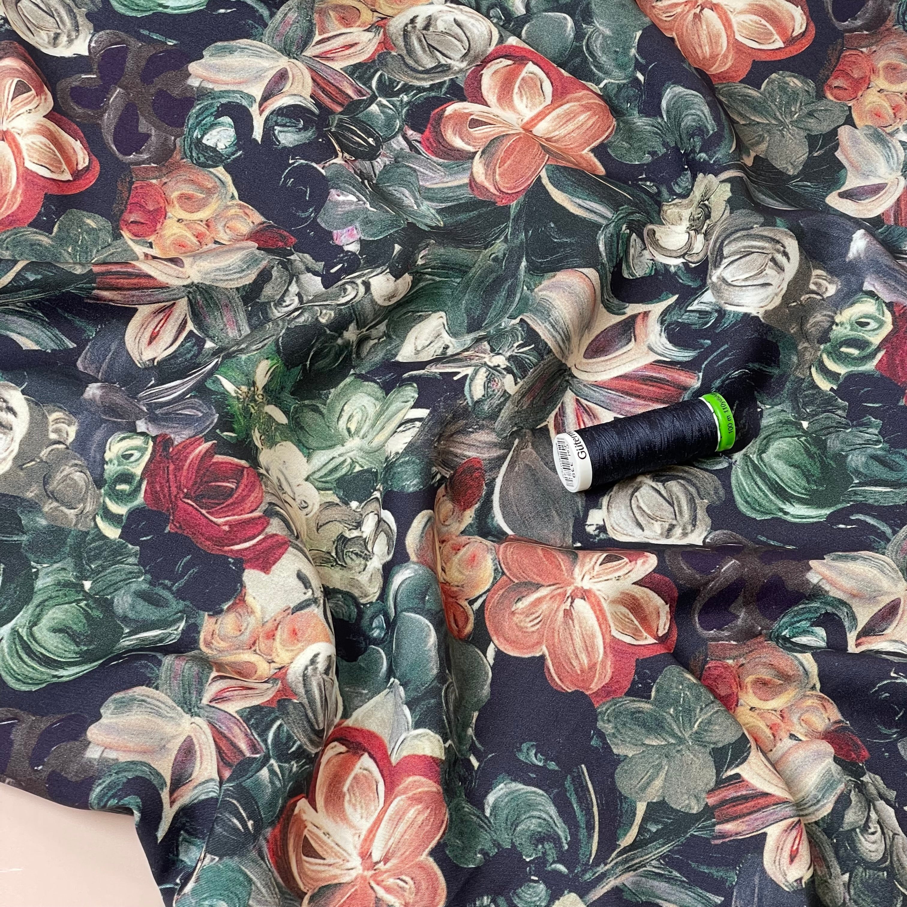 Painted Florals Green Viscose Fabric