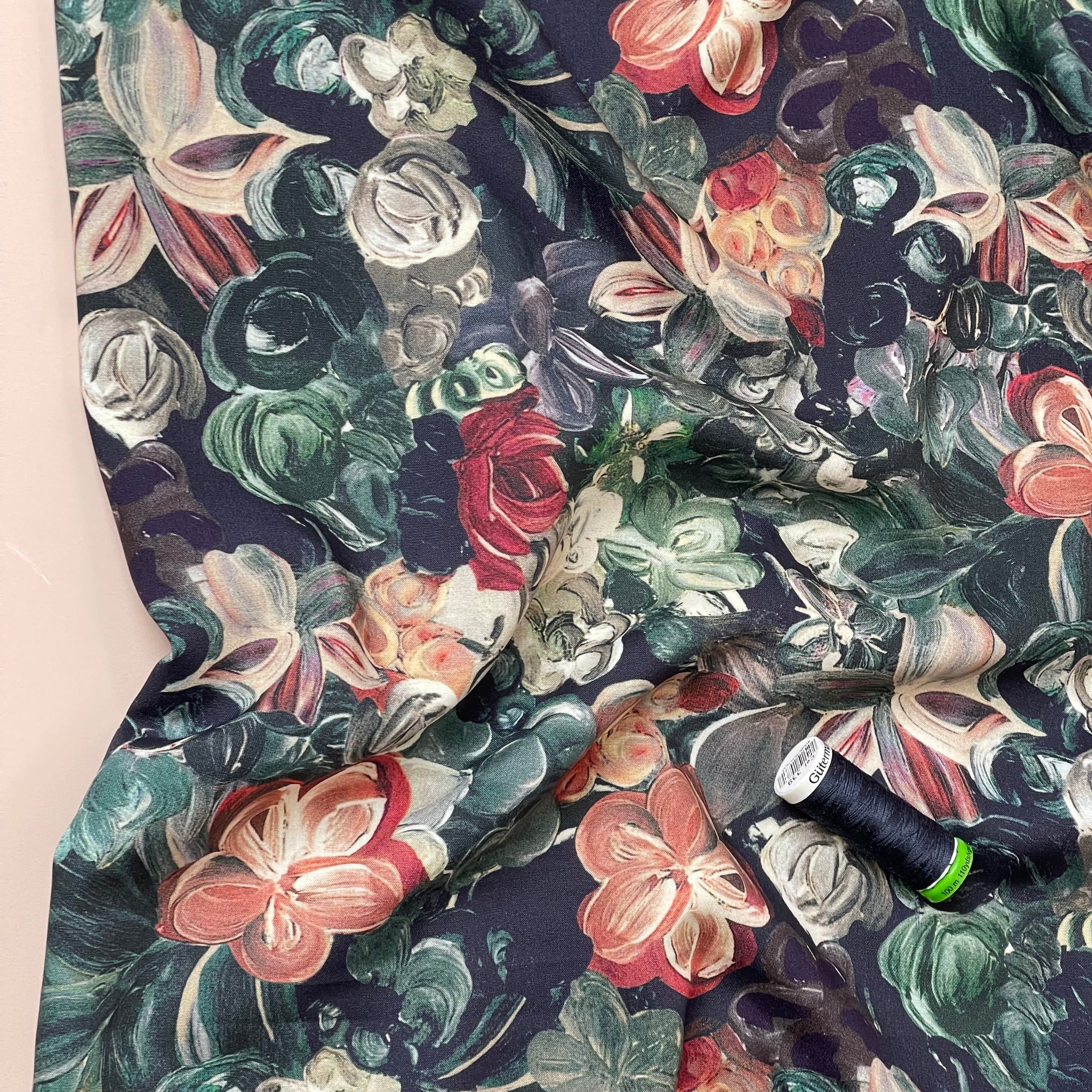 Painted Florals Green Viscose Fabric