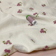 Embroidered Pink Flowers on Natural Cotton Double Gauze