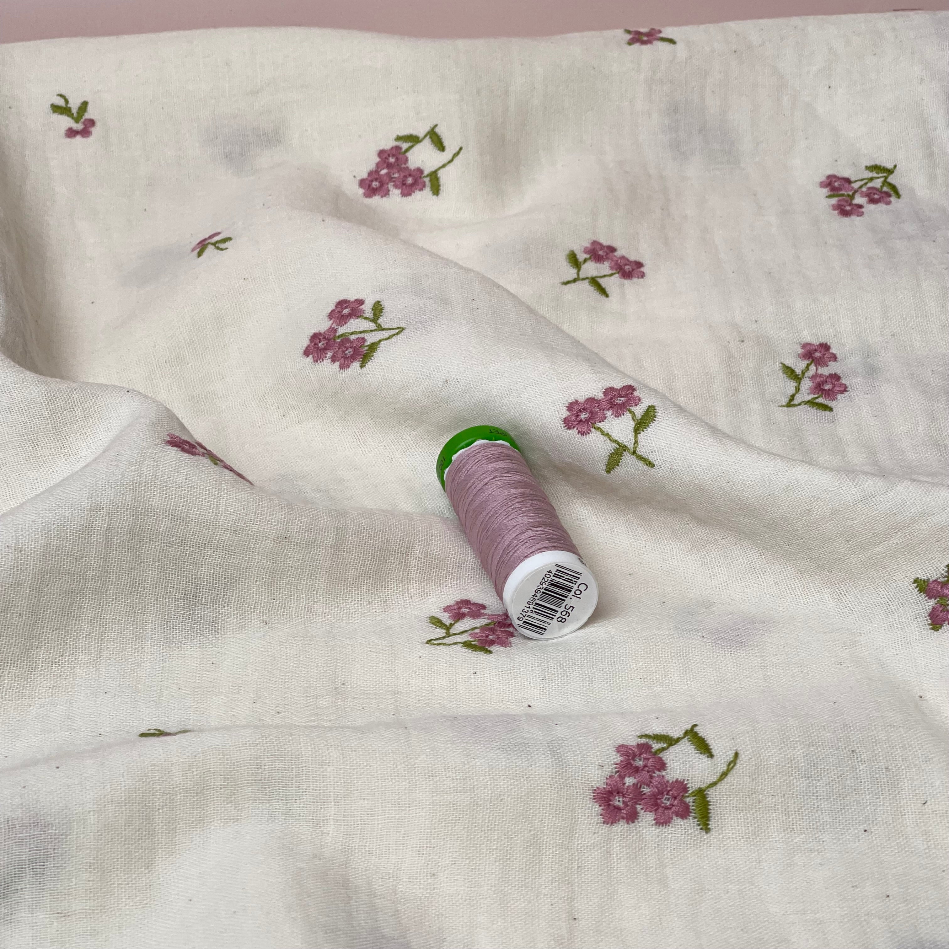 Embroidered Pink Flowers on Natural Cotton Double Gauze