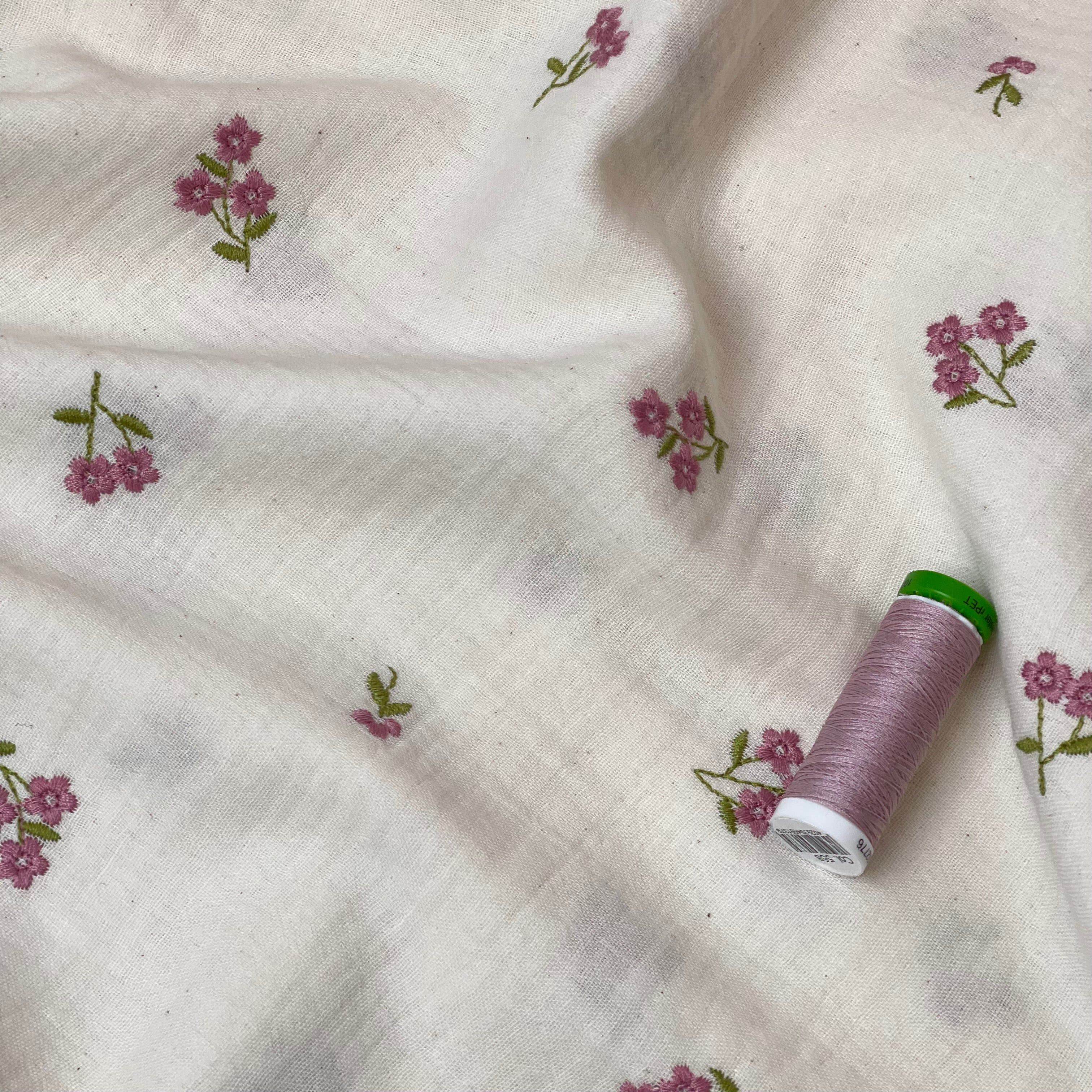 Embroidered Pink Flowers on Natural Cotton Double Gauze