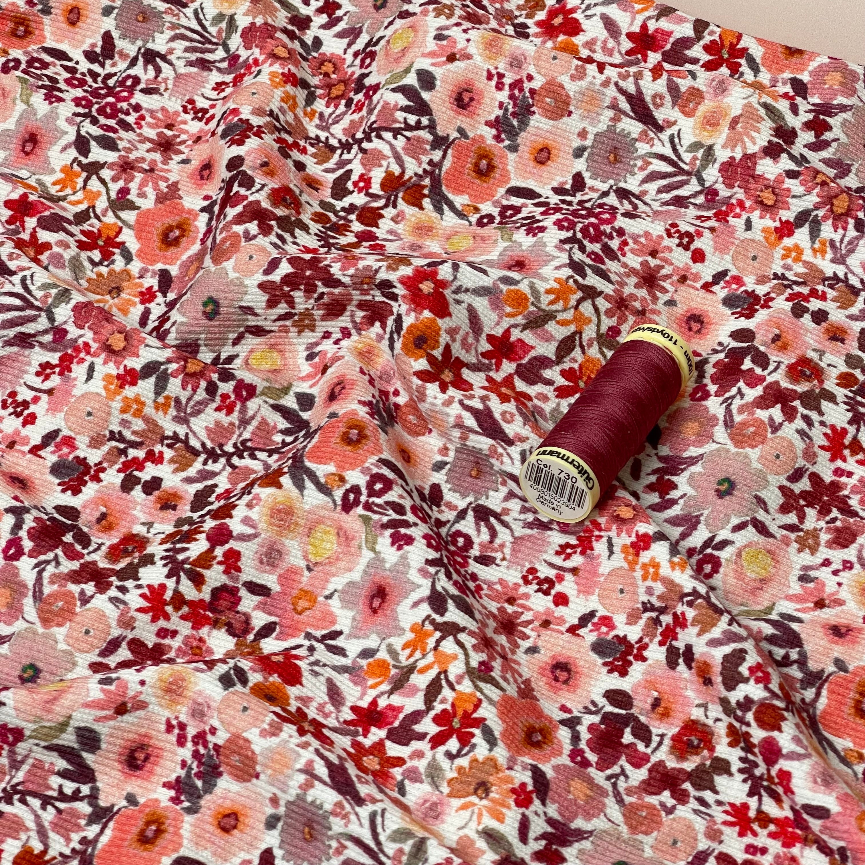 Ditsy Flowers on Peach Cotton Ribbed Jersey