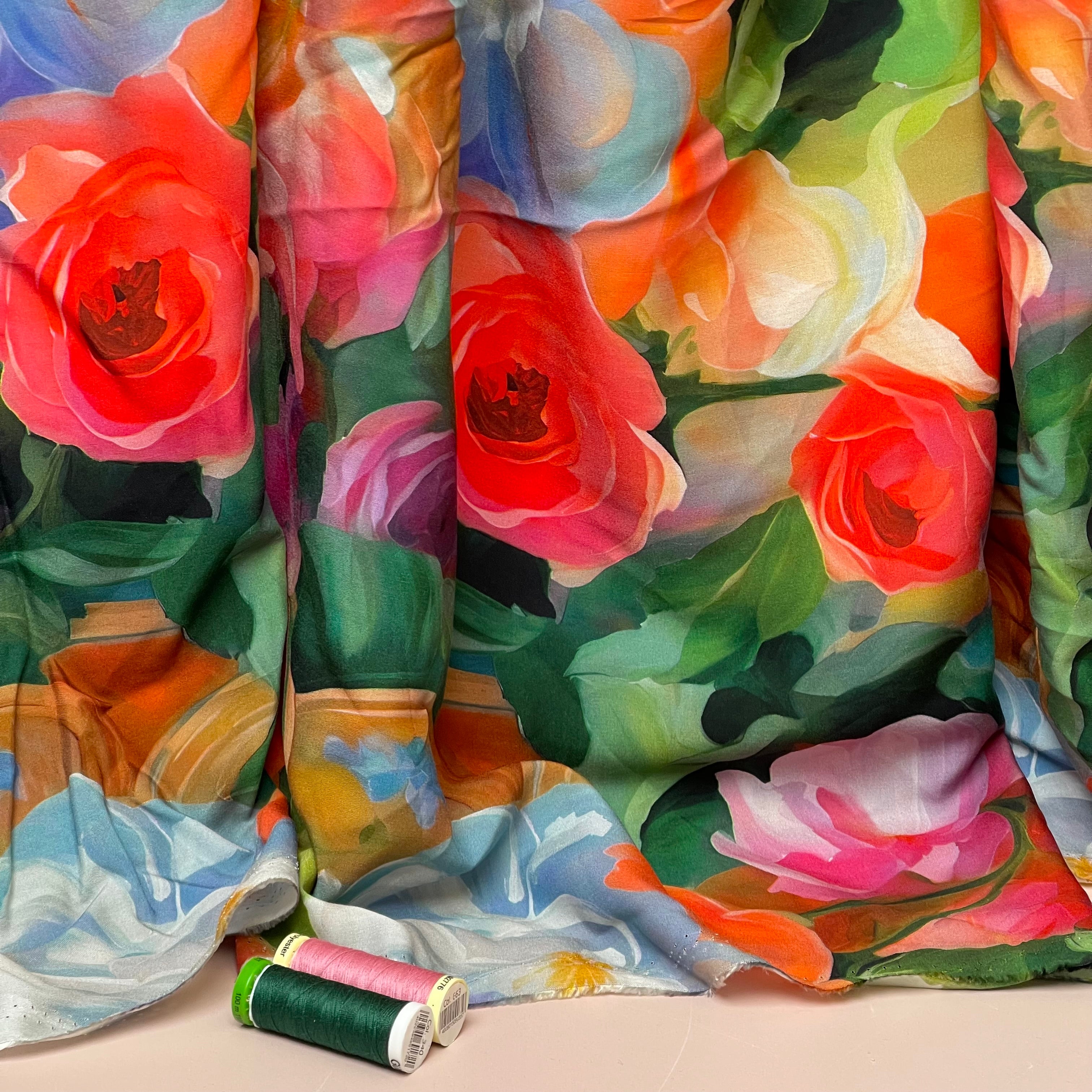 Painted Rose Garden Viscose Fabric