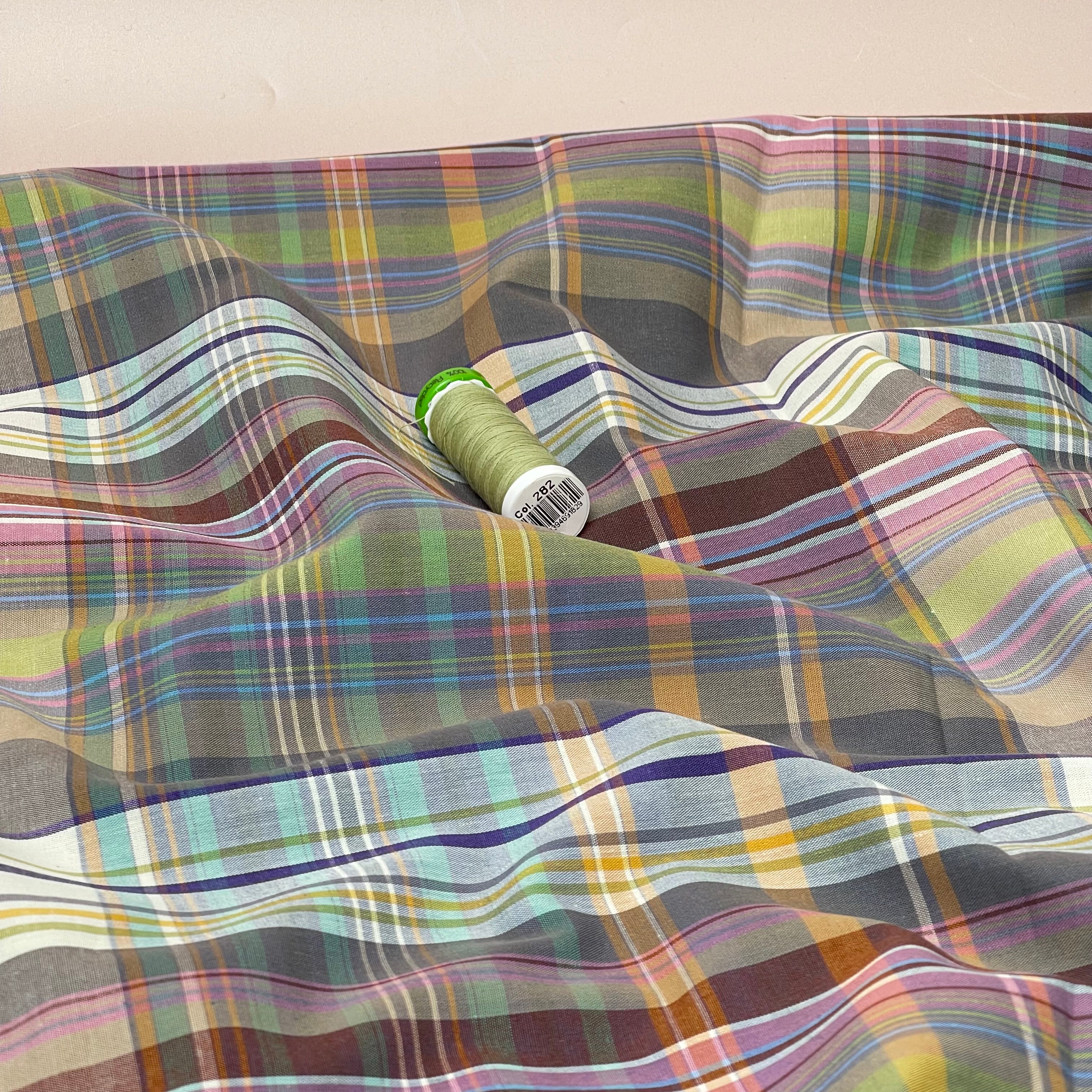 Yarn Dyed Lilac and Green Checks Cotton Fabric