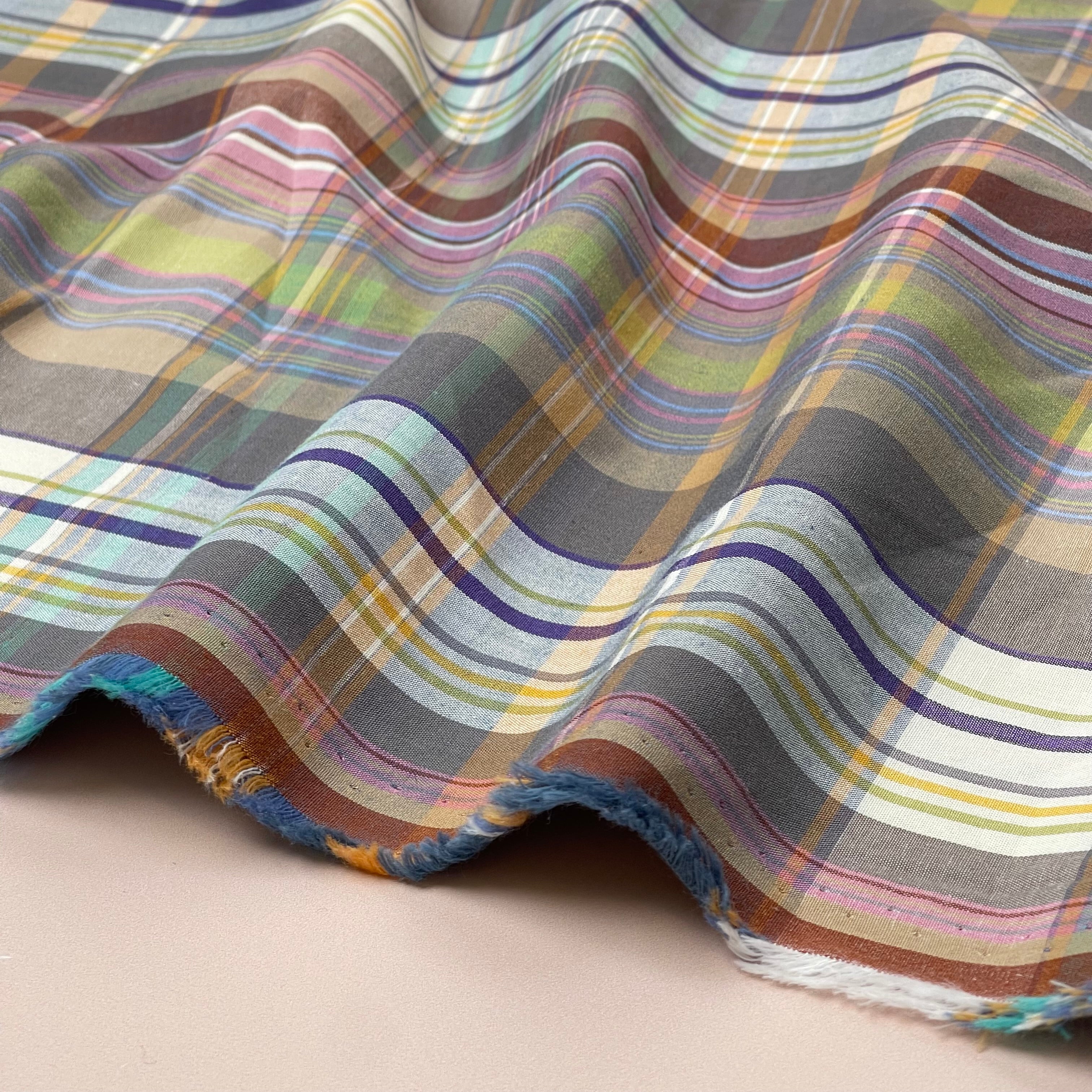 Yarn Dyed Lilac and Green Checks Cotton Fabric