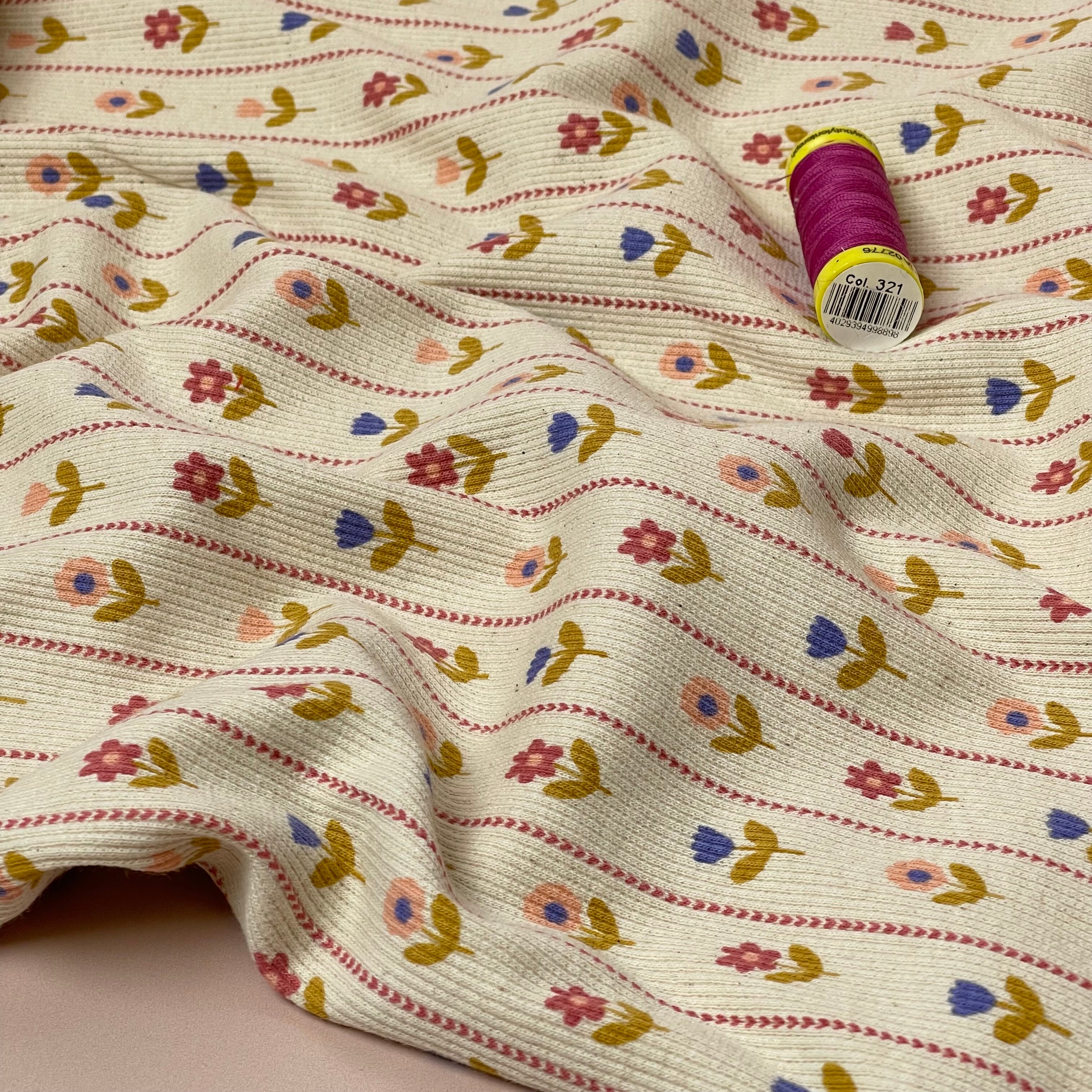 Flower Stripes on Natural Cotton Ribbed Jersey