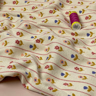 REMNANT 1.96 Metres  - Flower Stripes on Natural Cotton Ribbed Jersey