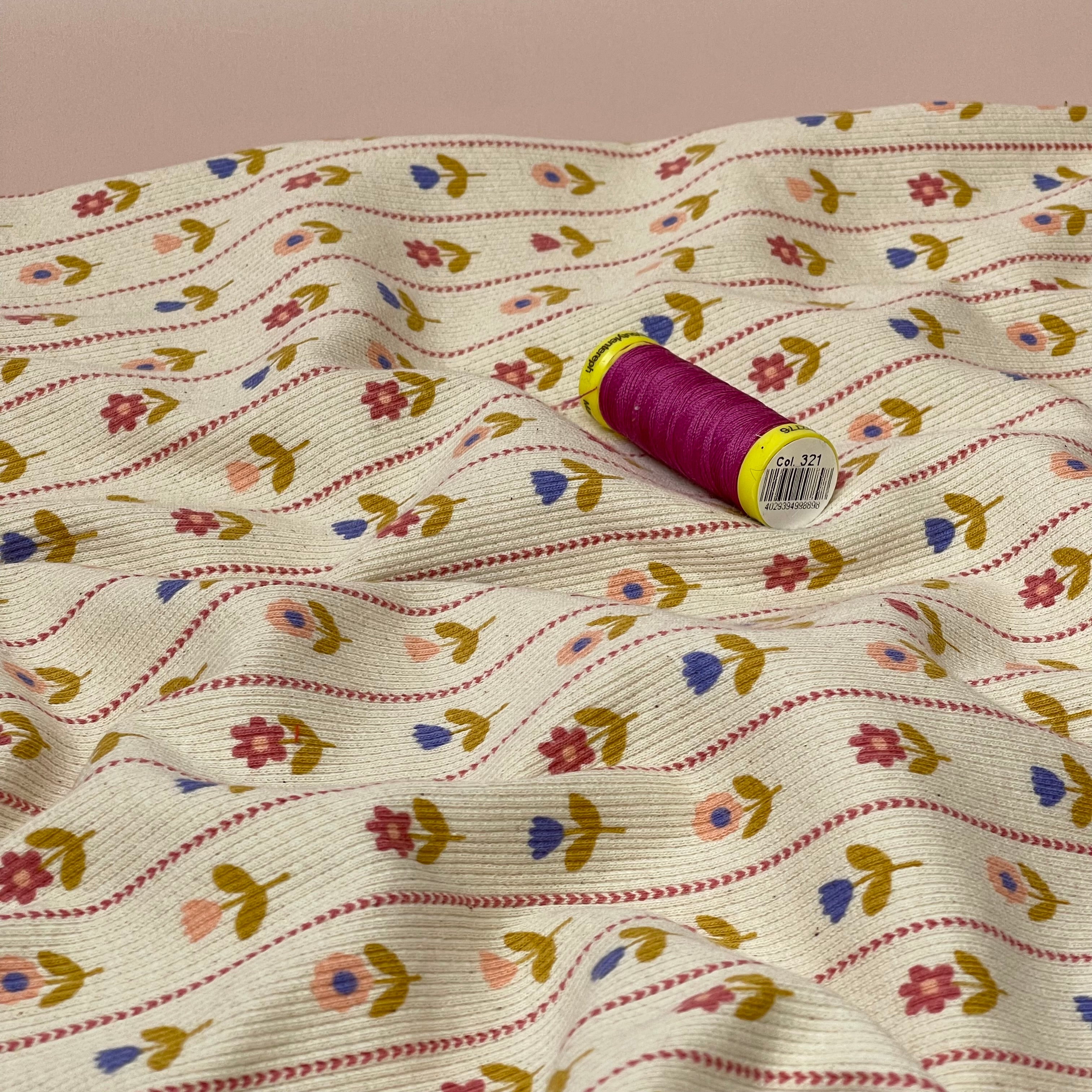Flower Stripes on Natural Cotton Ribbed Jersey