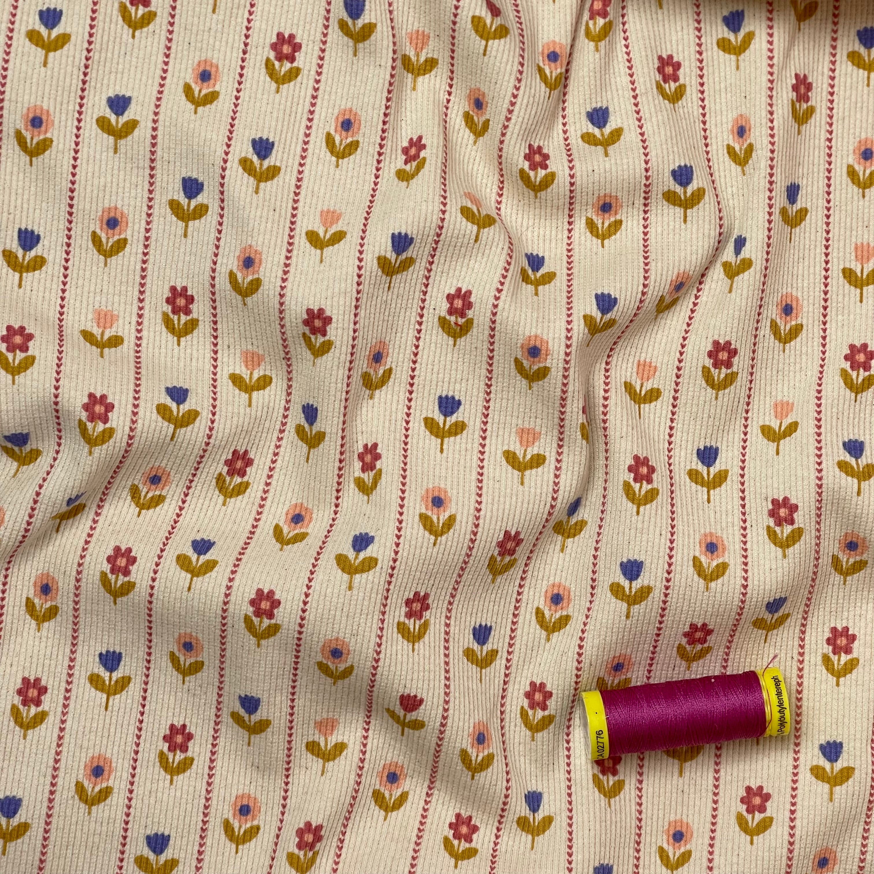 Flower Stripes on Natural Cotton Ribbed Jersey
