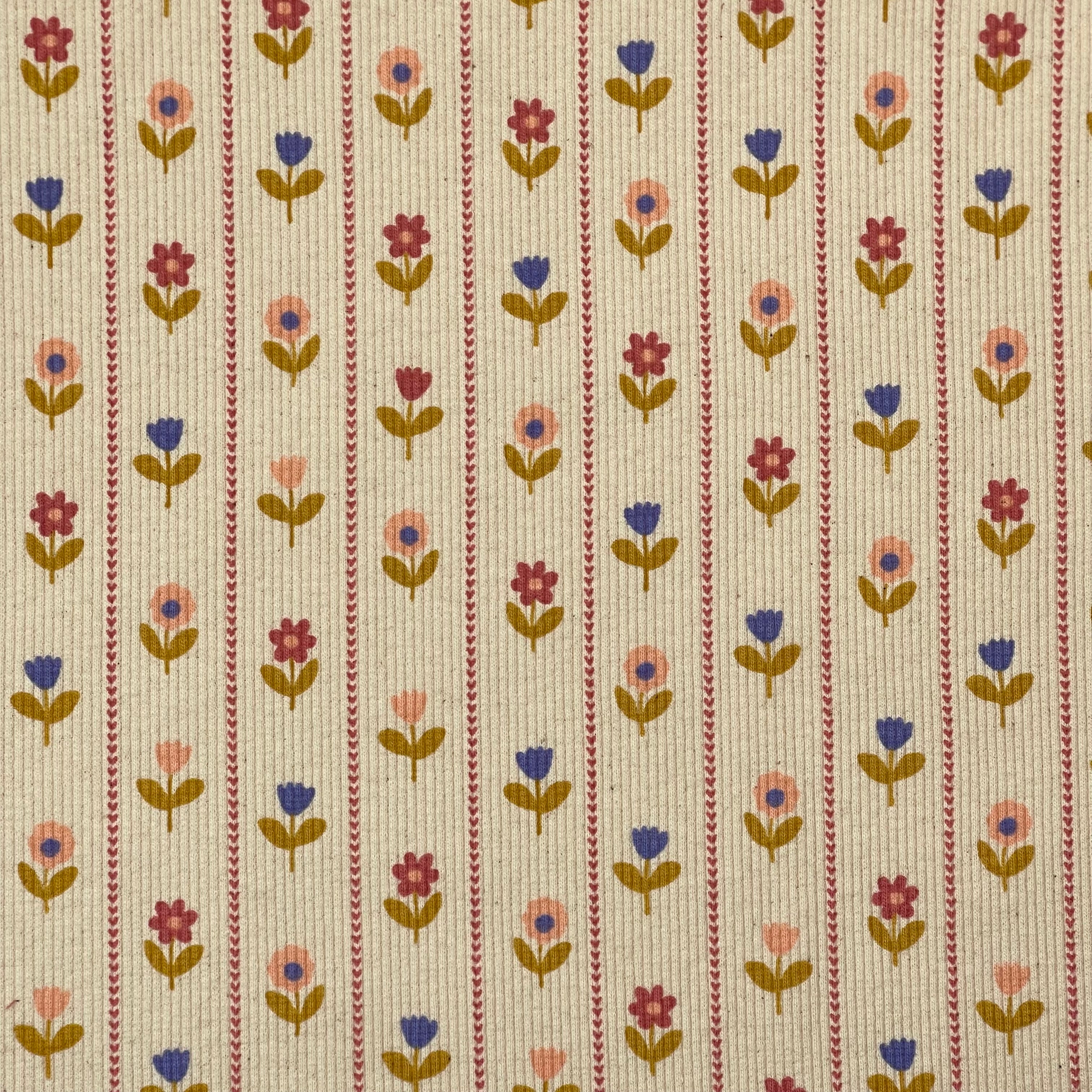 Flower Stripes on Natural Cotton Ribbed Jersey