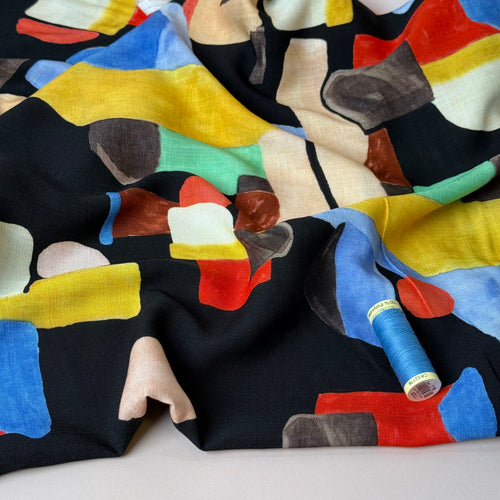 Deadstock - Painterly Shapes on Black Linen Look Slub Rayon Fabric