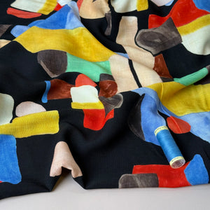 Deadstock - Painterly Shapes on Black Linen Look Slub Rayon Fabric