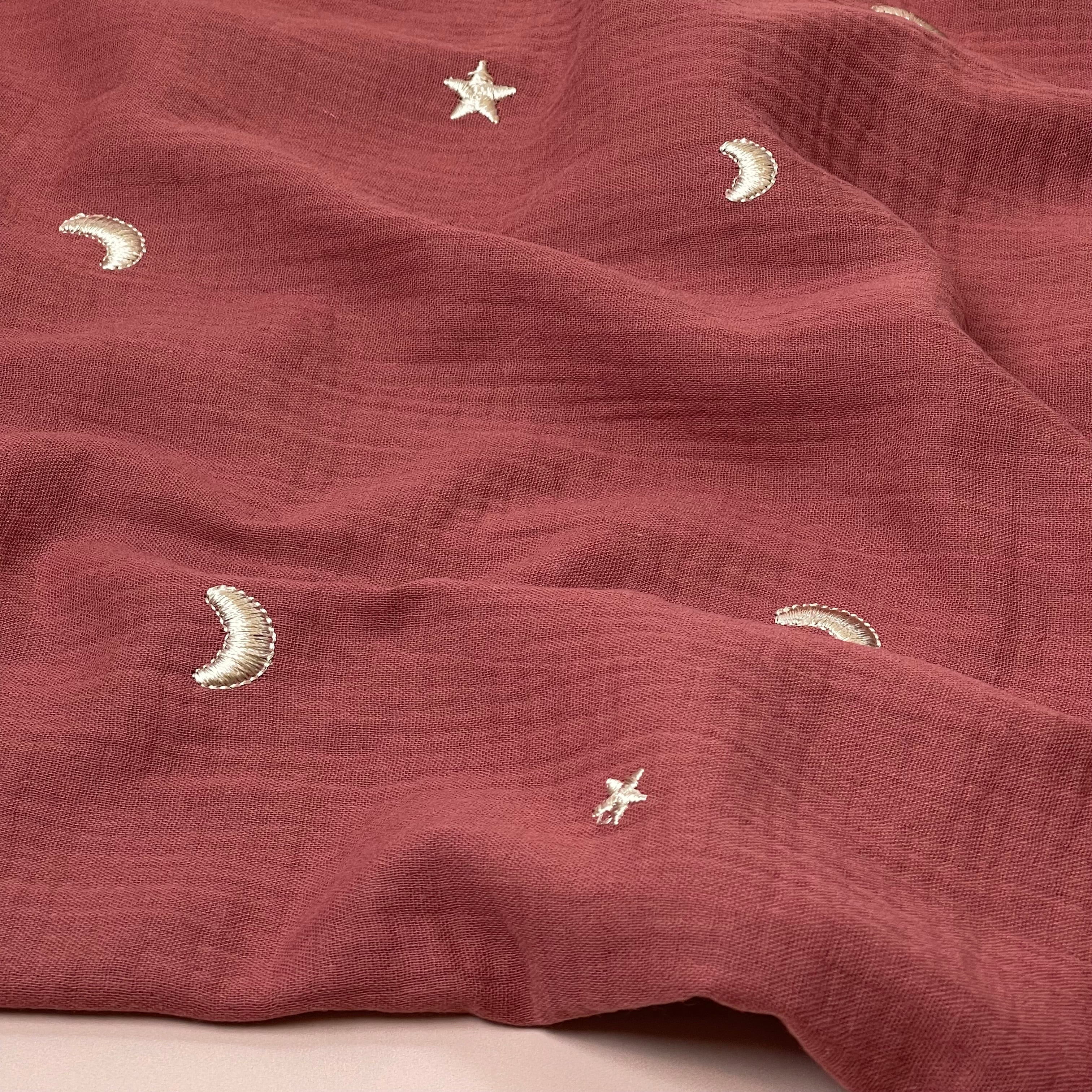 Embroidered Metallic Moon and Stars on Brique Red Cotton Double Gauze