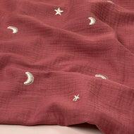 REMNANT 1.27 Metres - Embroidered Metallic Moon and Stars on Brique Red Cotton Double Gauze