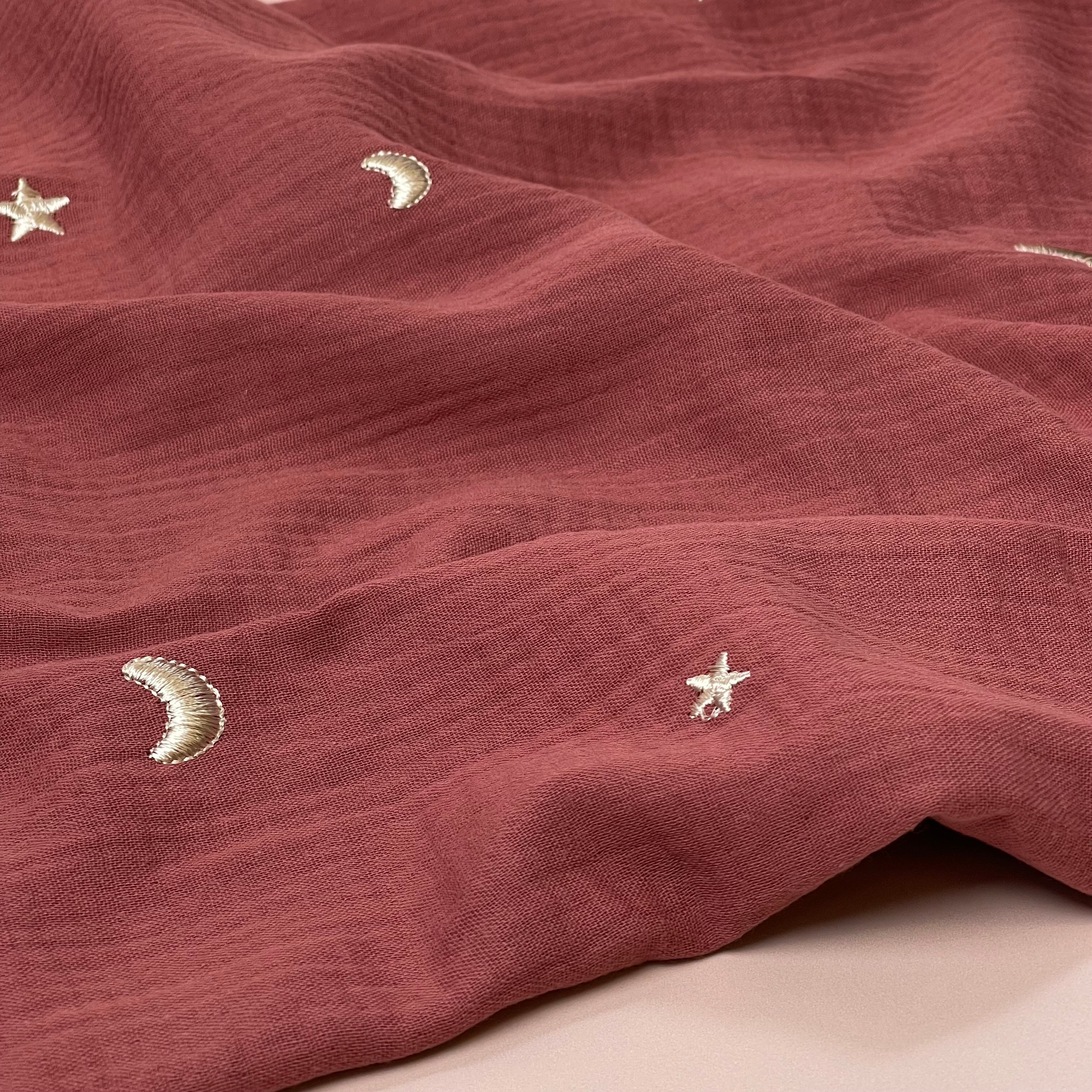 Embroidered Metallic Moon and Stars on Brique Red Cotton Double Gauze