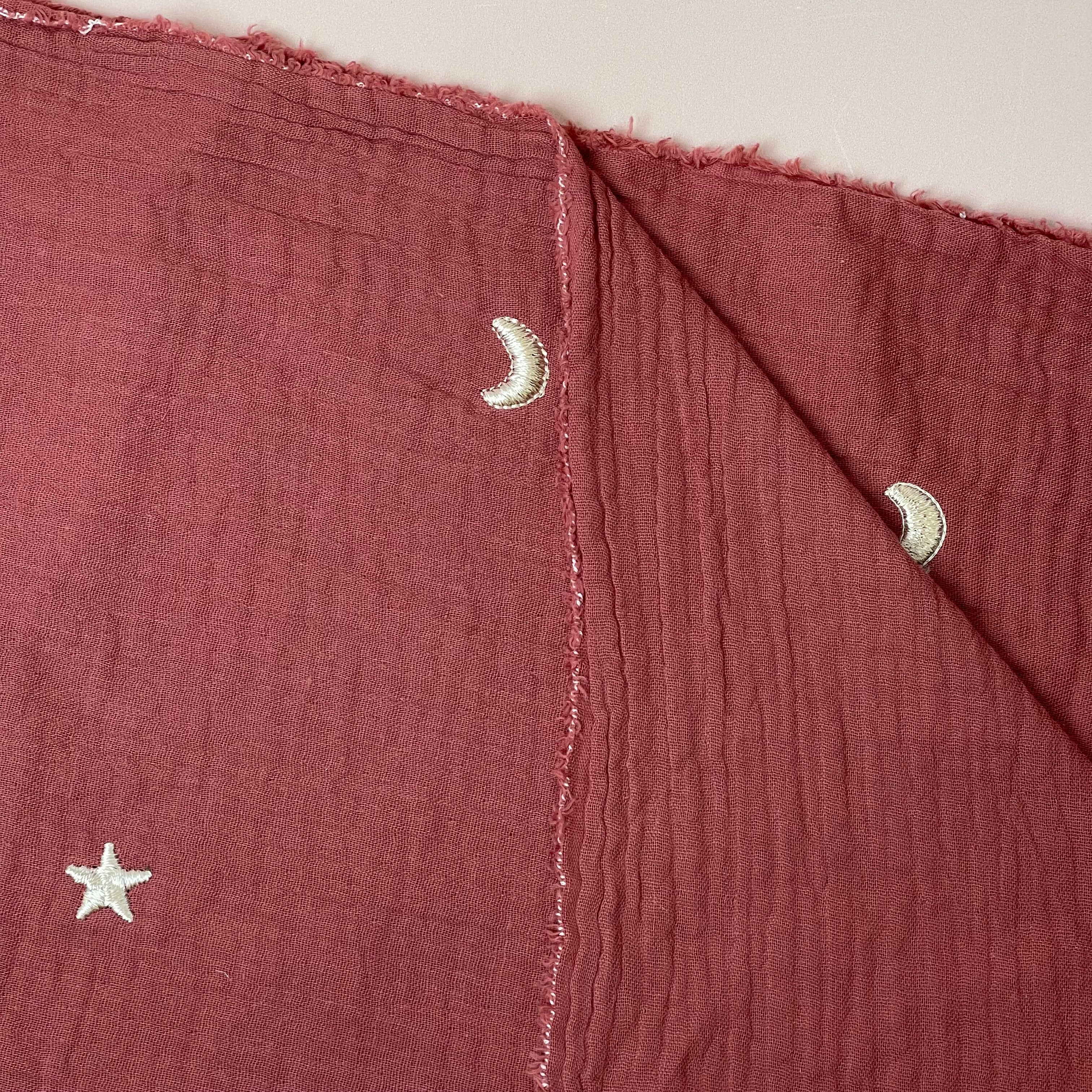 Embroidered Metallic Moon and Stars on Brique Red Cotton Double Gauze